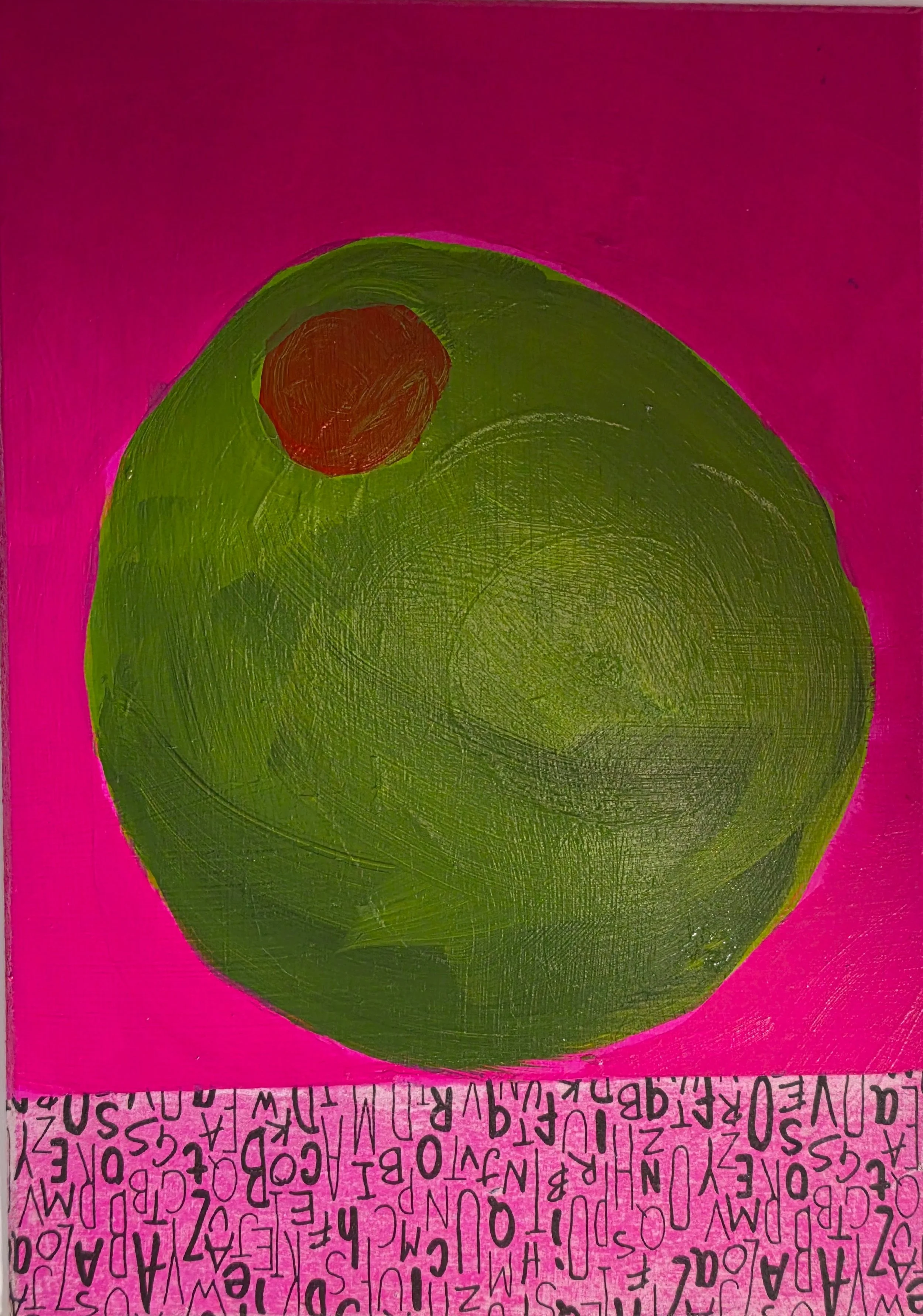 Olive & Pink. 5" x 7" - Acrylic, collage on masonite panel
