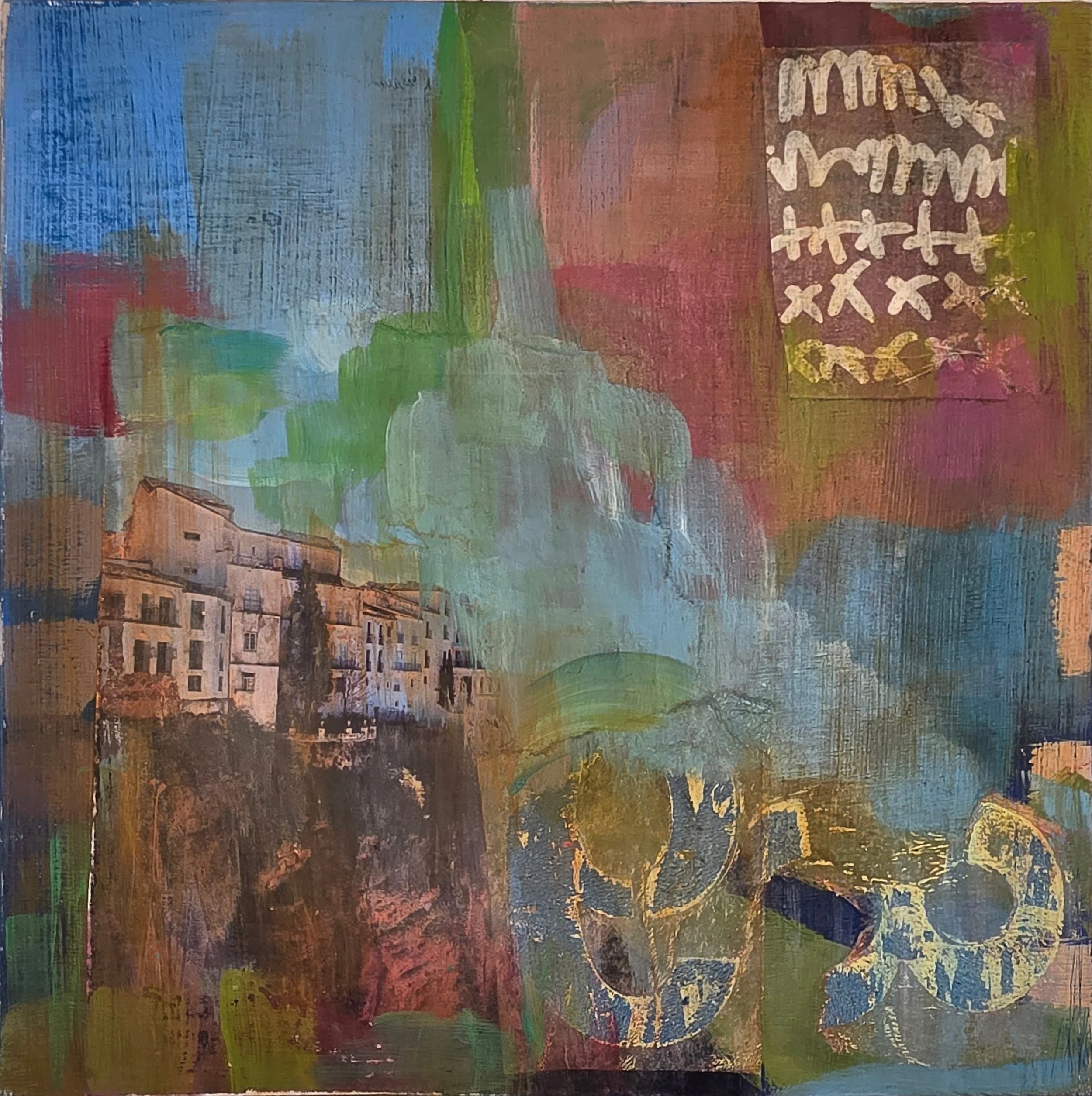Roca. 8" x 8" - Acrylic, image transfer, collage, ink, oil pastel on wood panel.