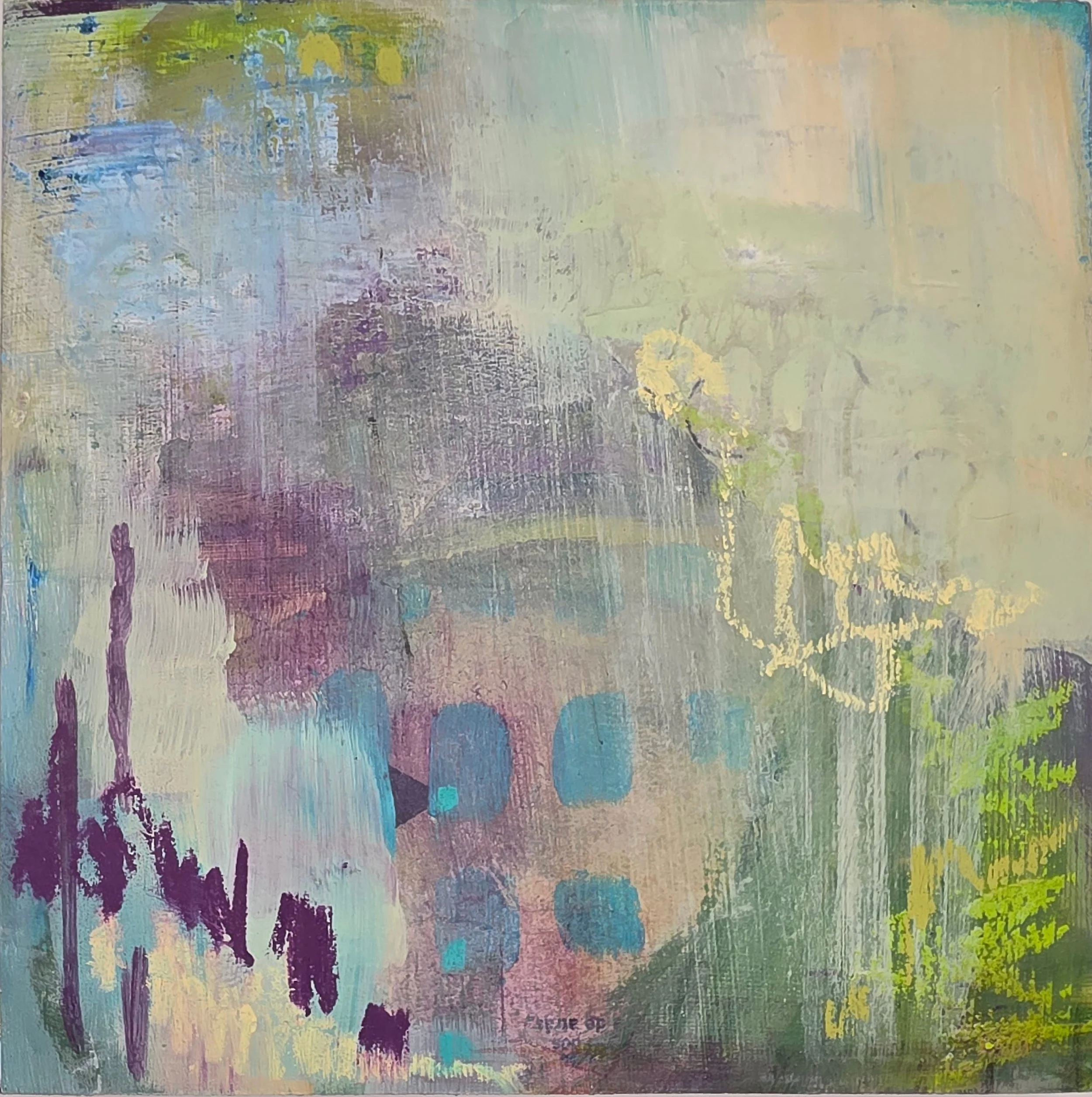 In Mist. 8" x 8". - Acrylic, image transfer, oil pastel on wood panel