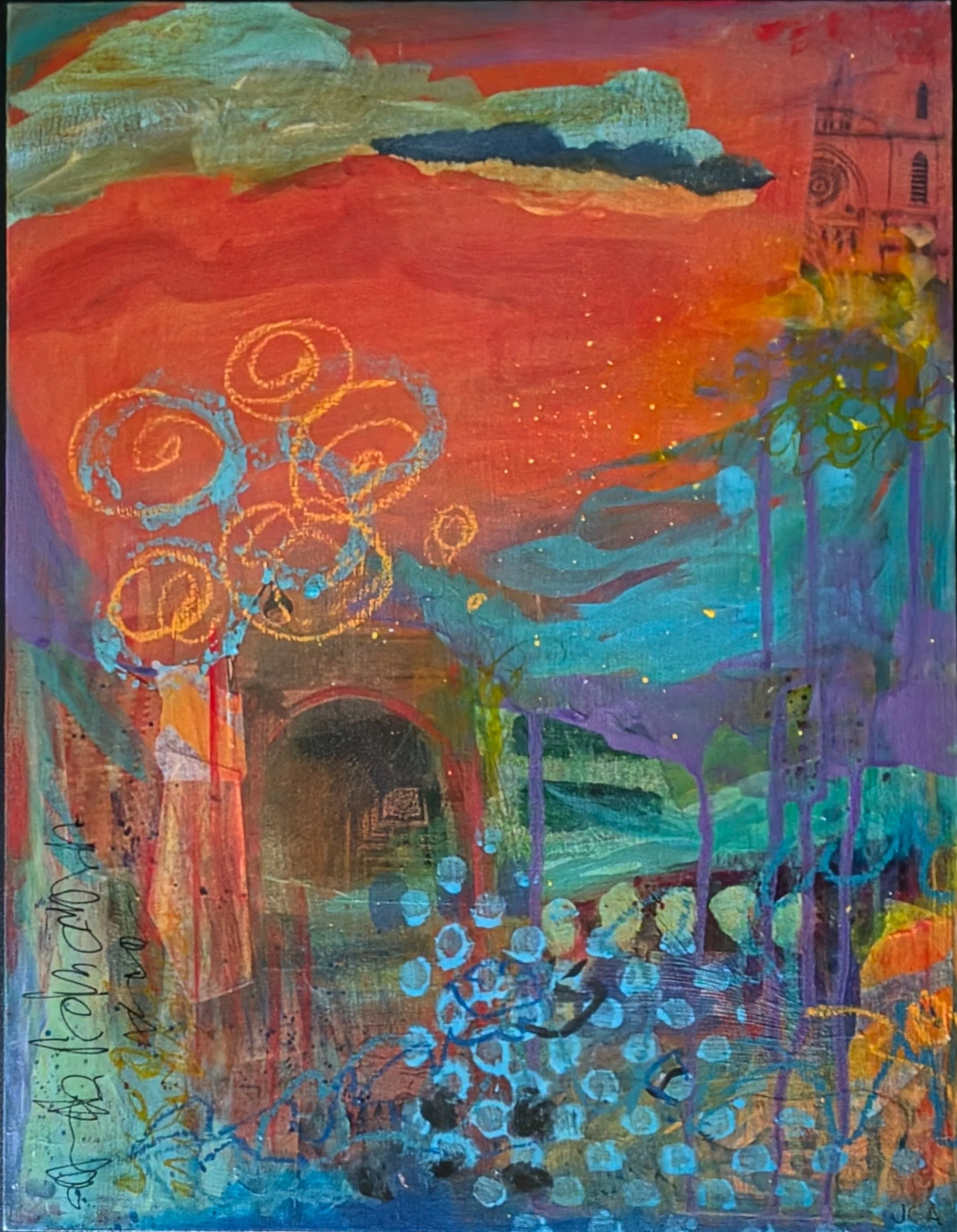 Evening. 12" x 16" -  Acrylic, collage, image transfer, oil pastel on wood panel.