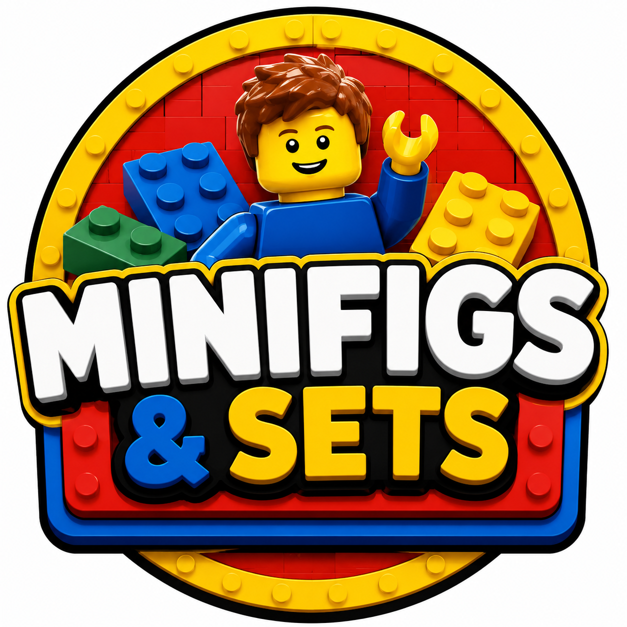Lego Minifigure waving with LEGO bricks in the background, with text 'MINEFigs & Sets' in a logo design.