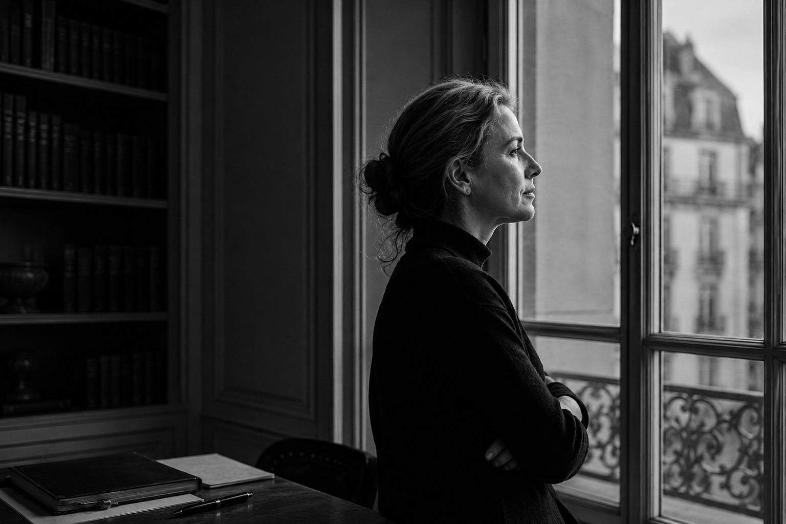 Black and white photo of a woman standing by a window with her arms crossed, looking outside with a thoughtful expression.