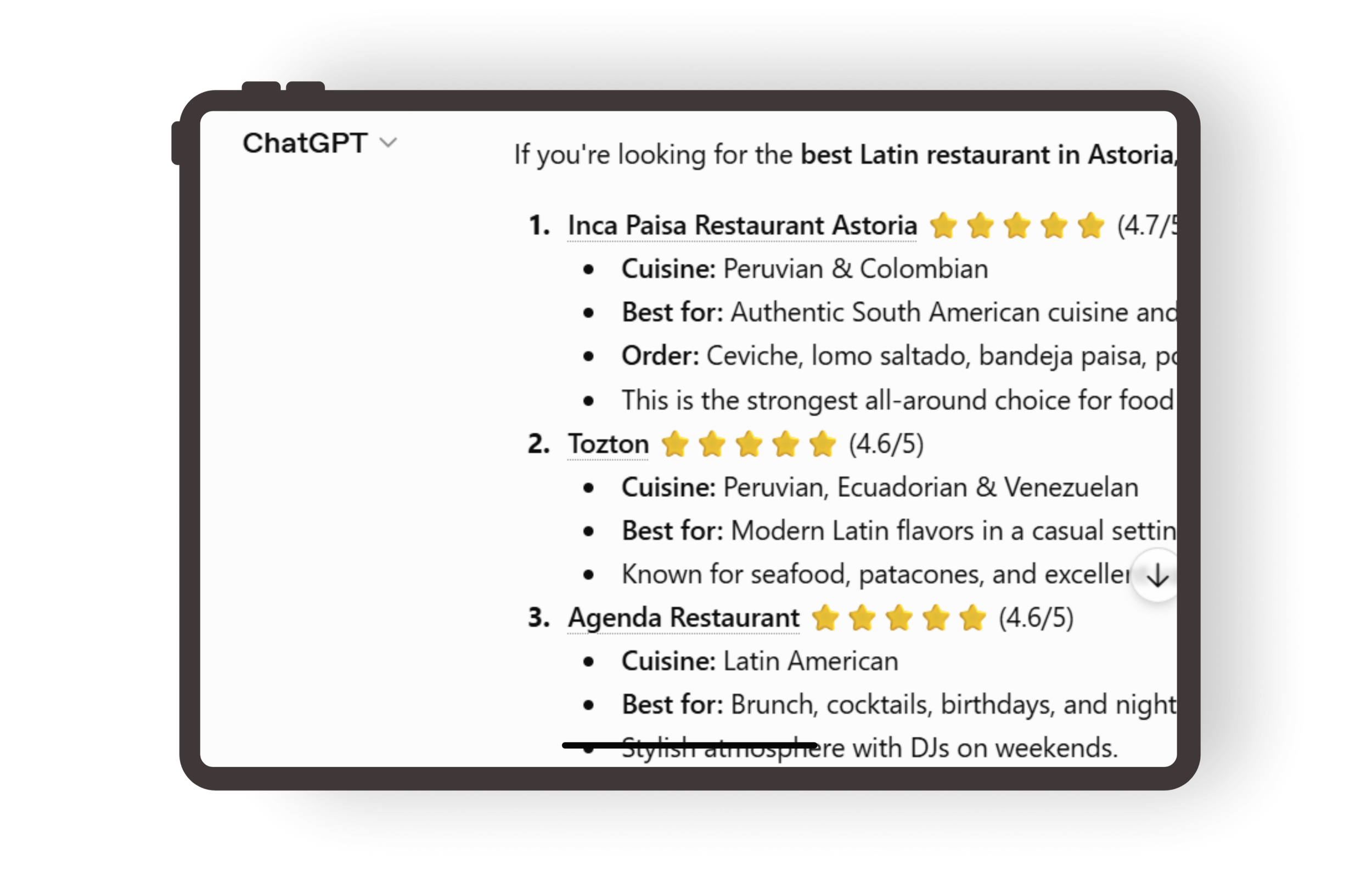 ChatGPT answer listing Agenda Restaurant among the best Latin restaurants in Astoria, Queens