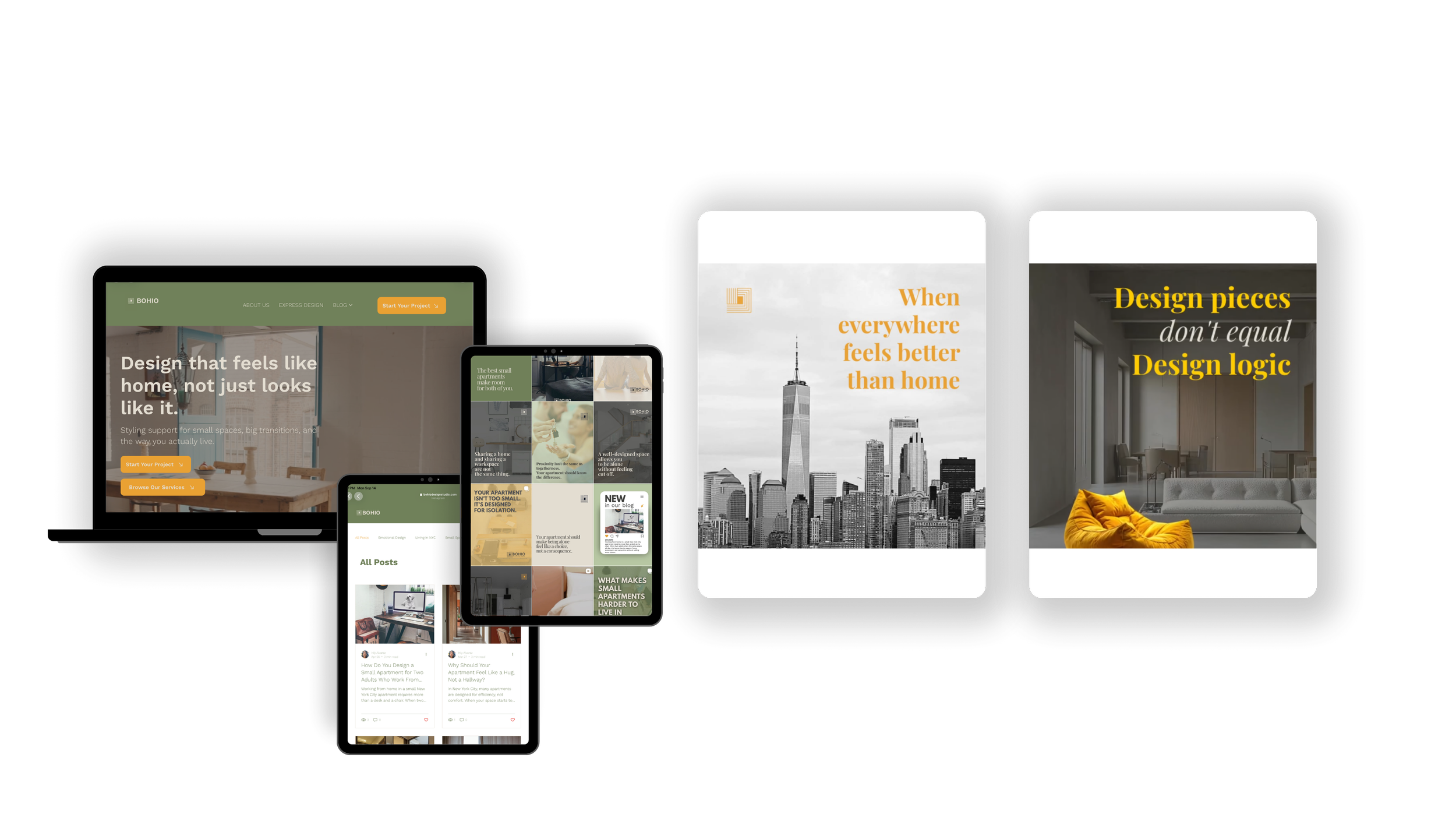 Bohío Design Studio interior design website on laptop, tablet and phone, with branded social posts