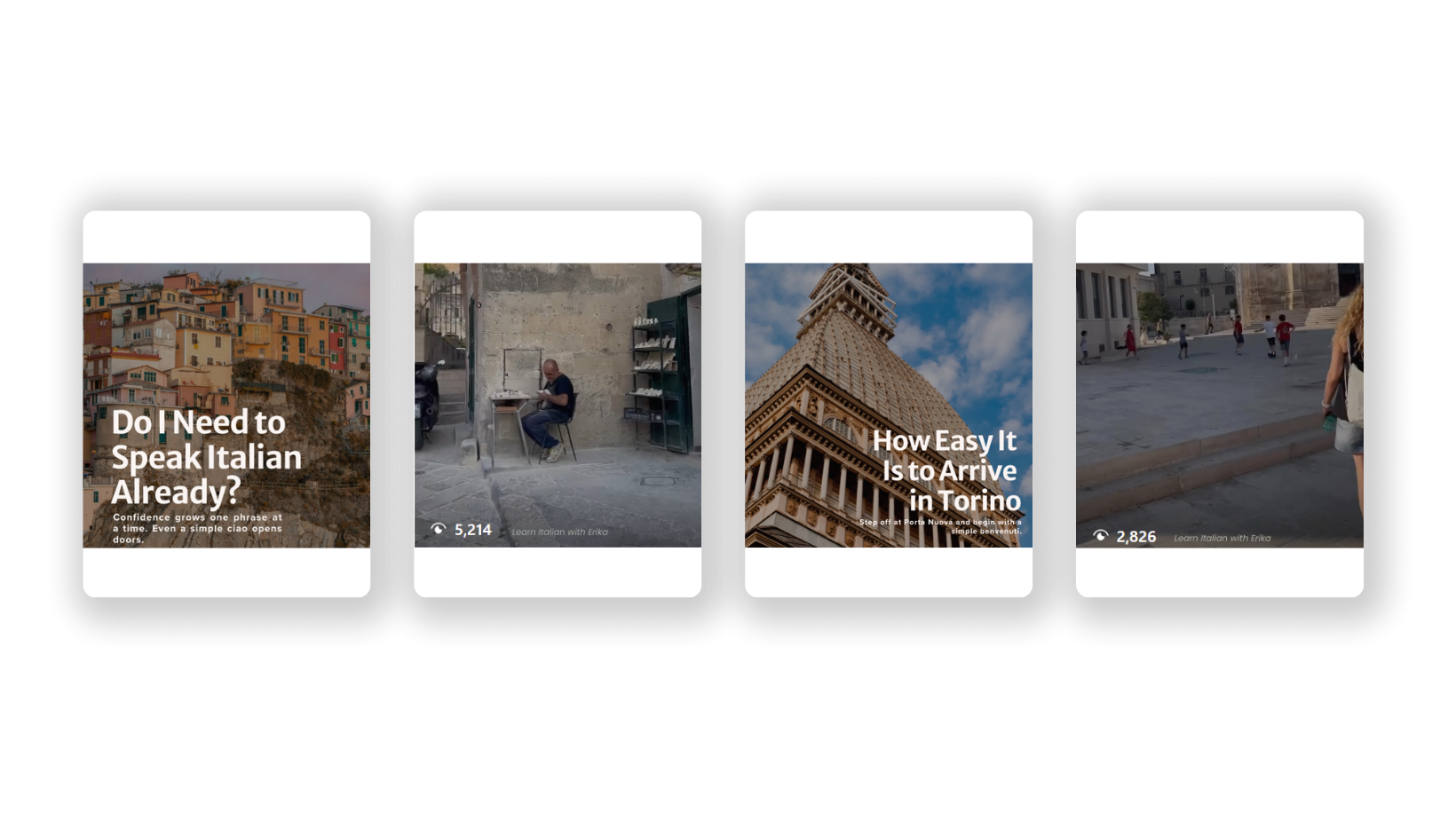 Four Learn Italian with Erika Instagram reels about speaking Italian and life in Italy