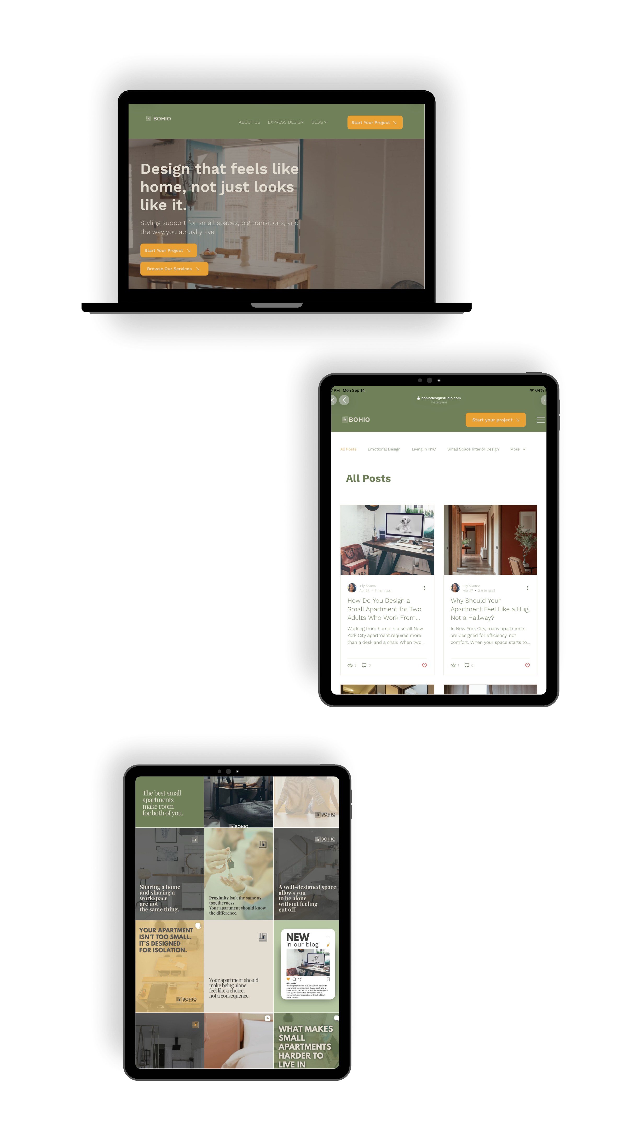 Bohío Design Studio website pages and Instagram grid shown on laptop and tablets