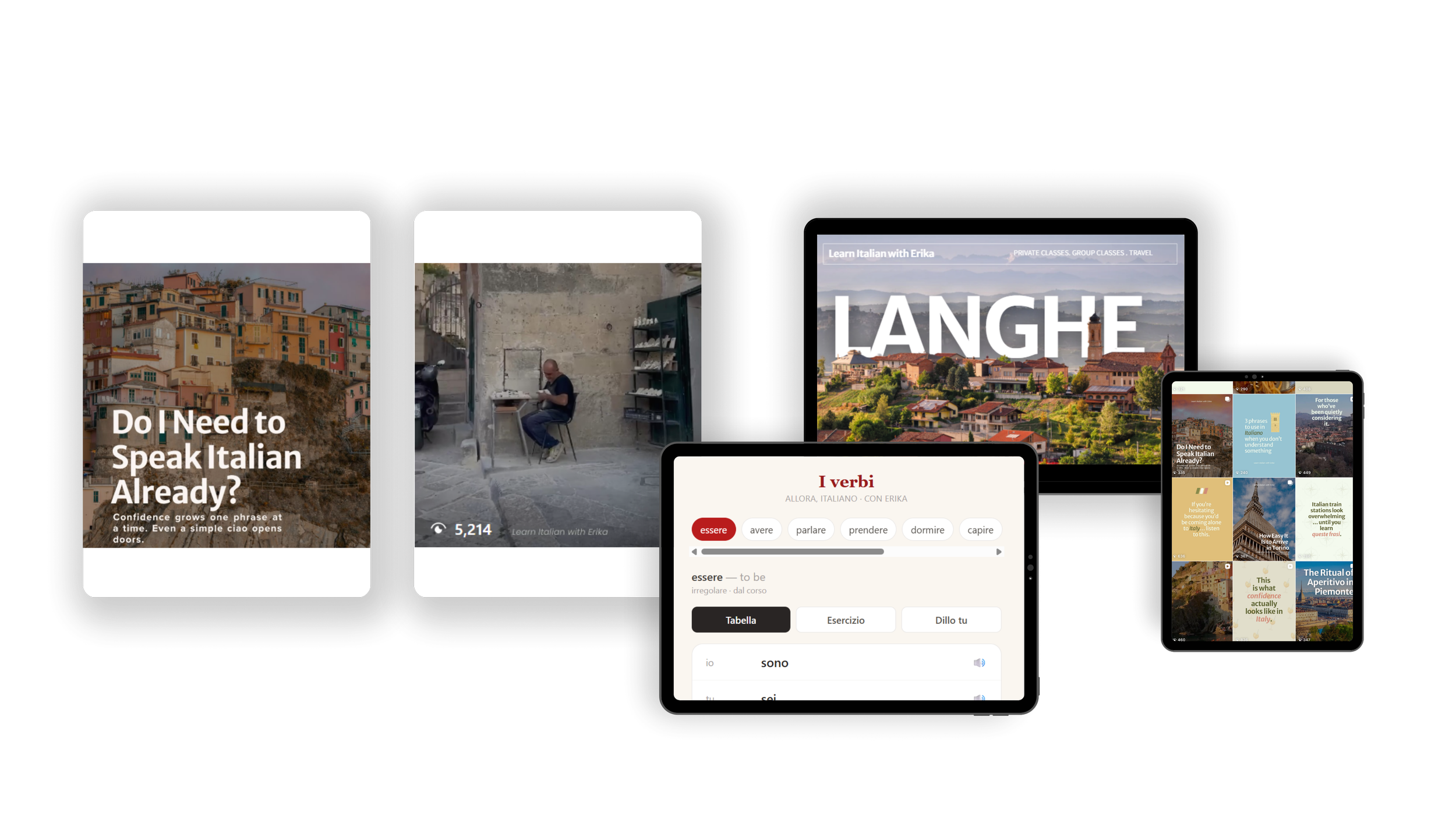 Learn Italian with Erika Instagram posts and website shown on laptop, tablet and phone mockups