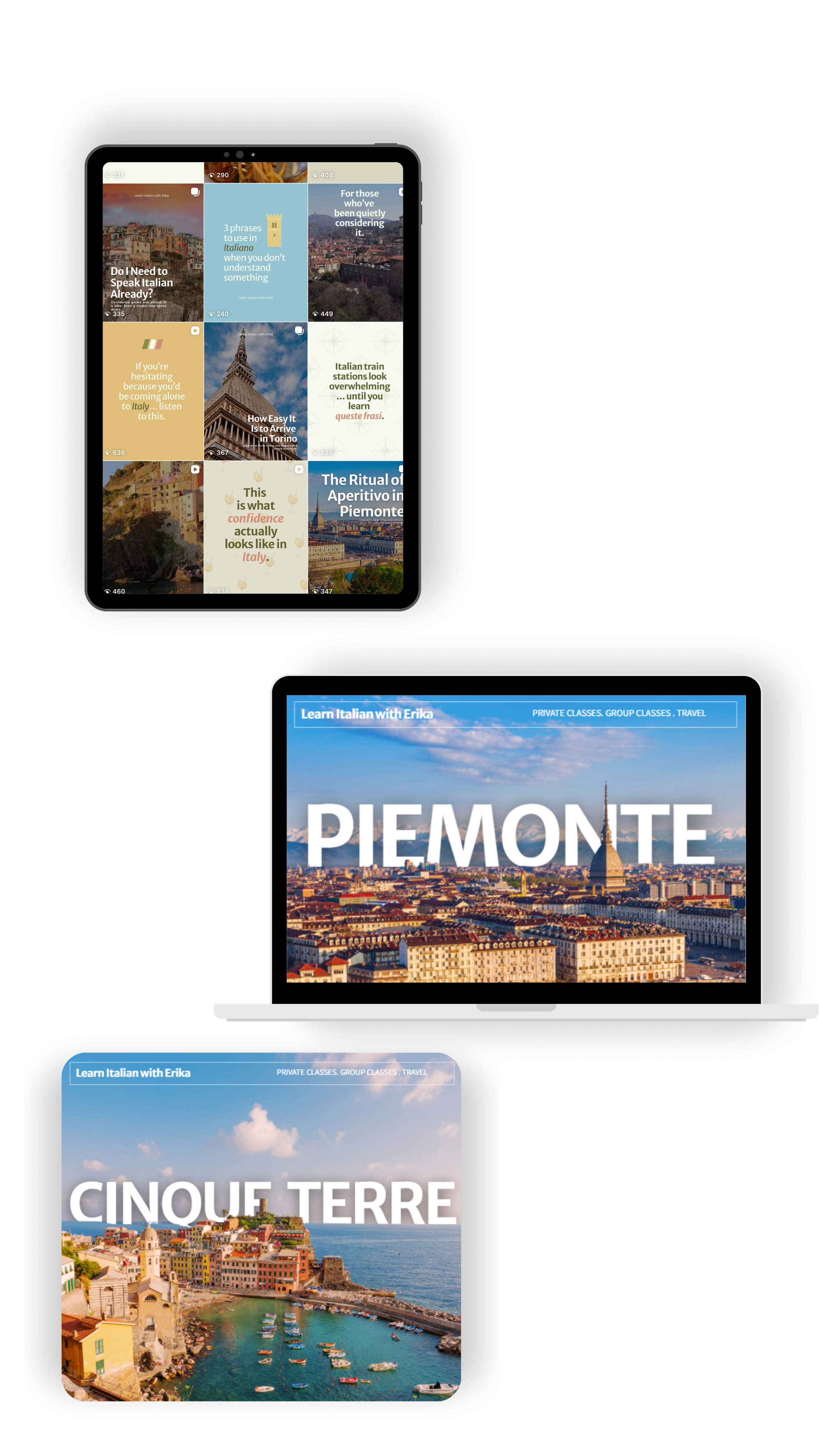 Learn Italian with Erika Instagram grid, Langhe post and Cinque Terre graphic shown on tablets
