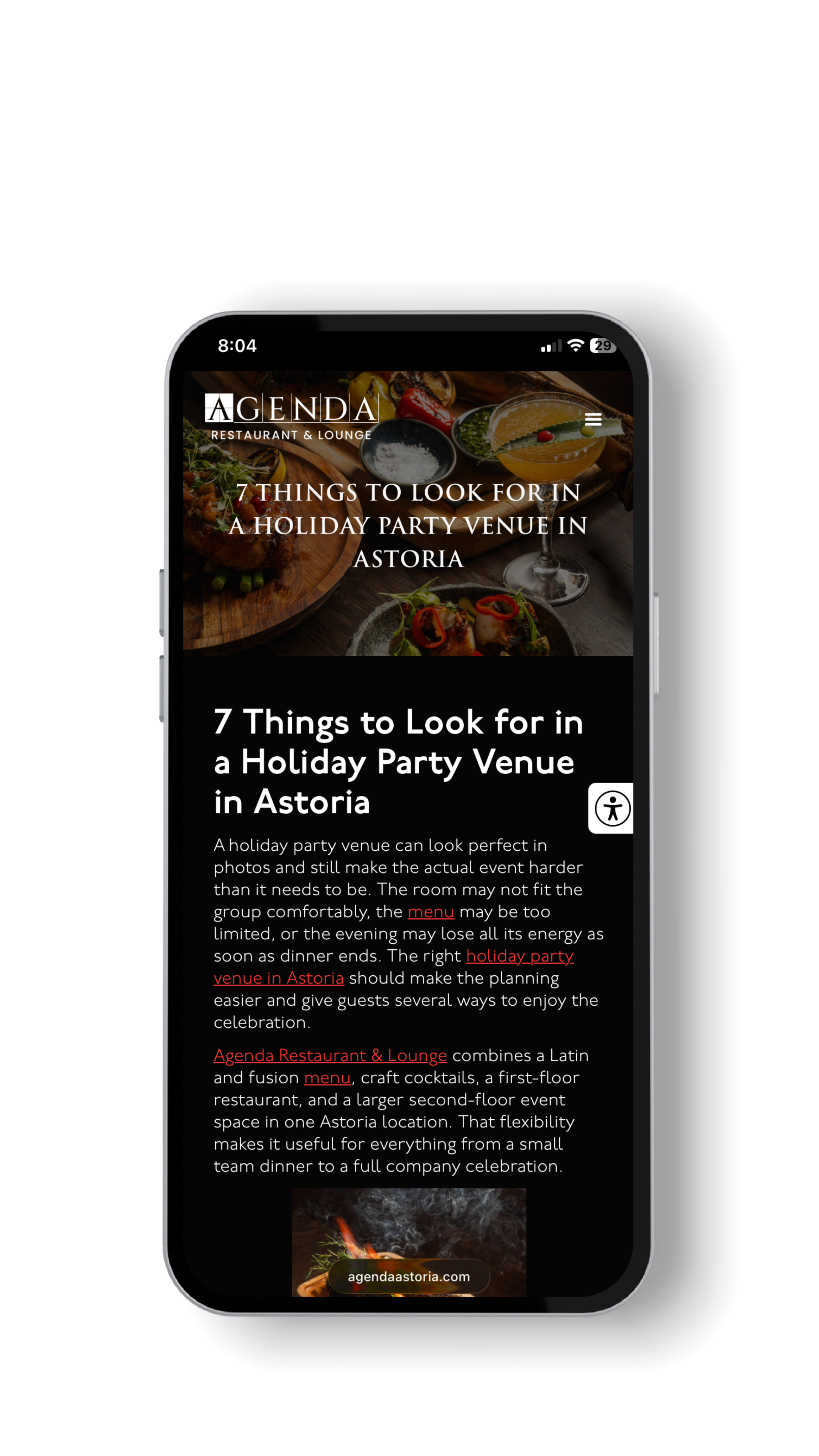Agenda Astoria SEO article on holiday party venues in Astoria shown on a phone