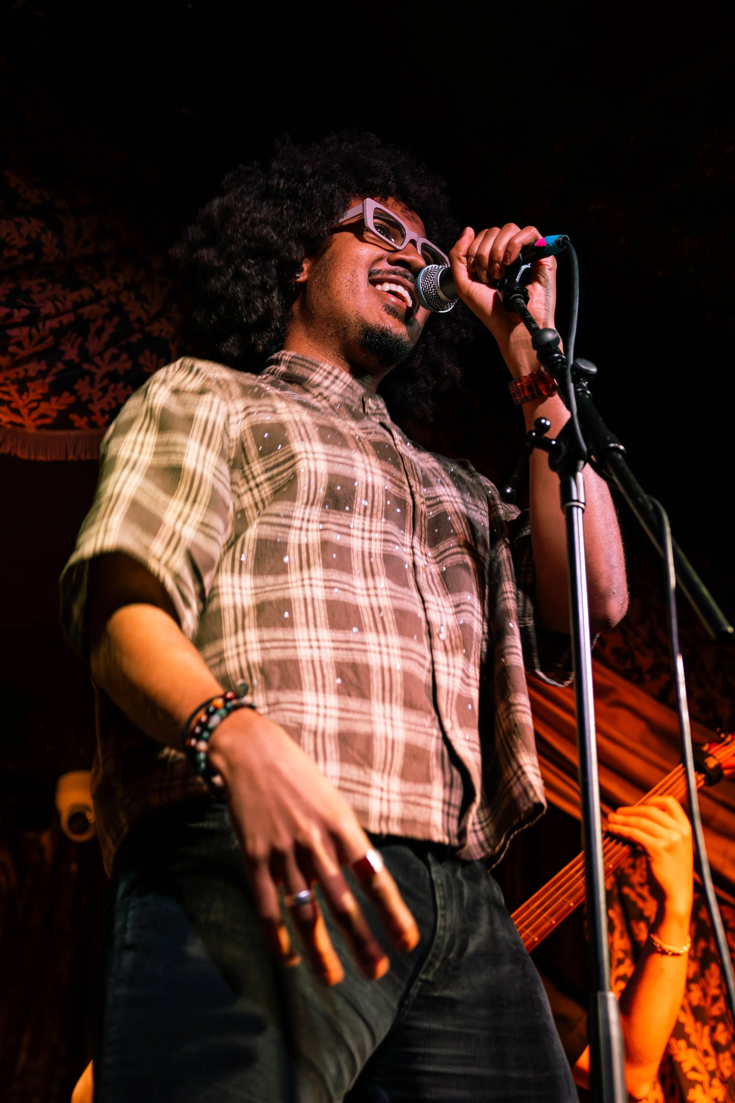 A person with curly hair, sunglasses, and a plaid shirt singing into a microphone on stage.