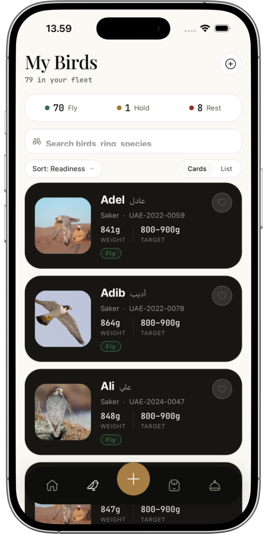 Screenshot of a mobile app called 'My Birds,' showing a list of birds with their images, names in English and Arabic, identification numbers, weights, and target weights. The interface includes search, sorting options, and navigation icons at the bottom.