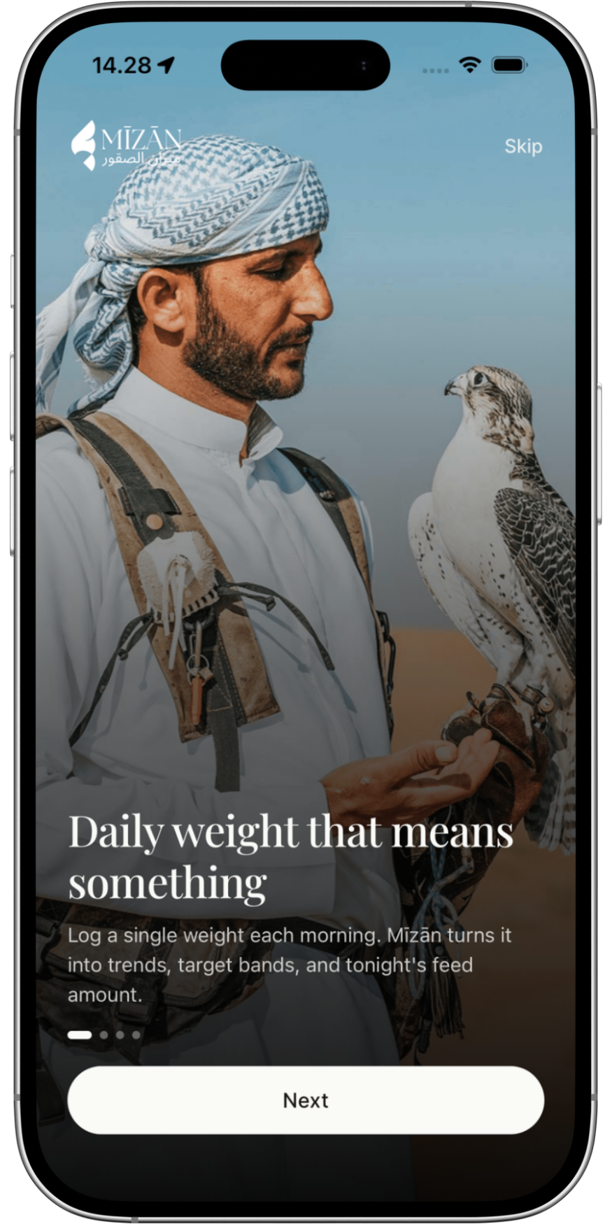 A man wearing traditional Middle Eastern attire, including a keffiyeh, is holding a falcon on his gloved hand. The background features a clear sky and desert landscape.