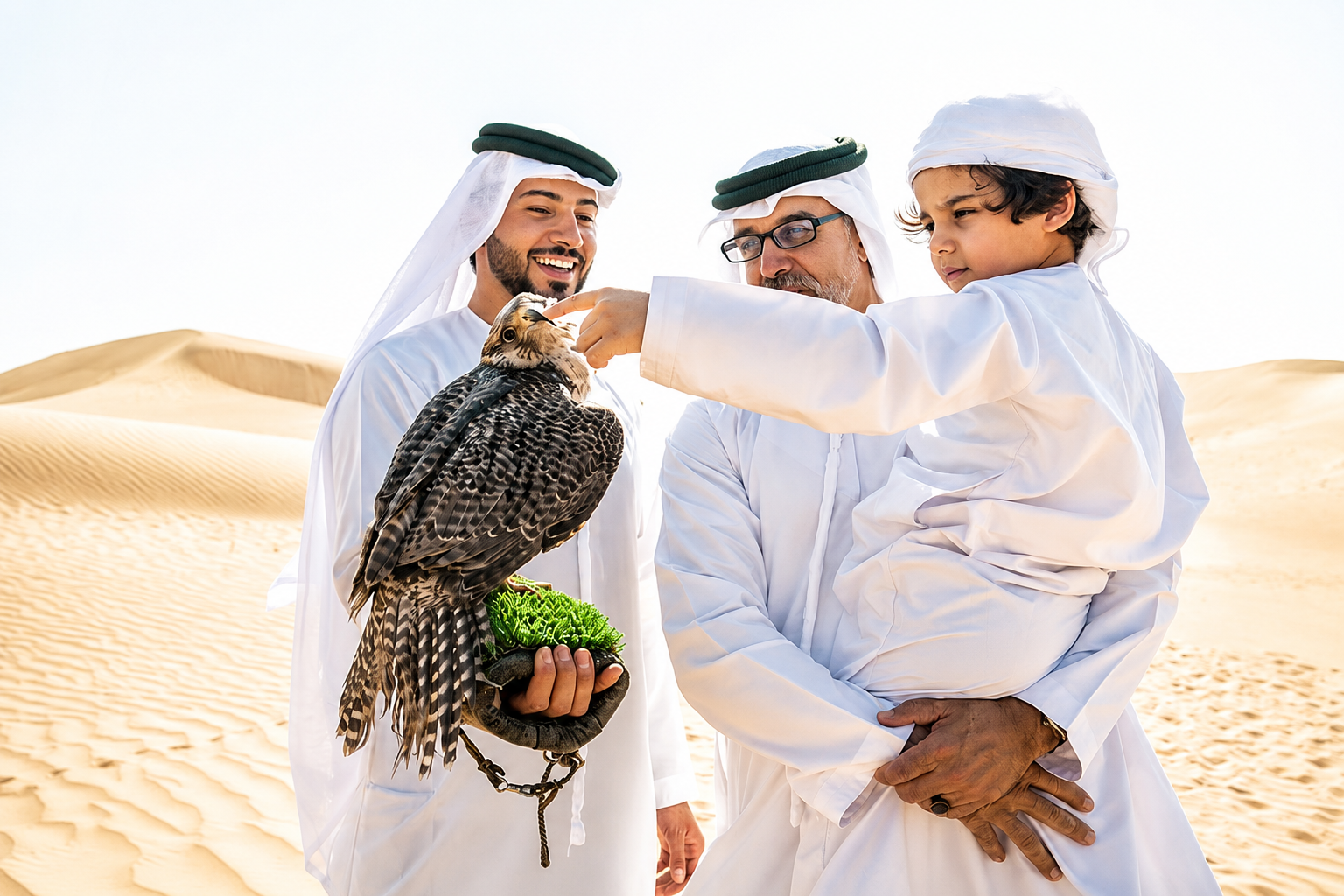 Three men in traditional Middle Eastern clothing in the desert, one holding a falcon and a young boy touching its beak.