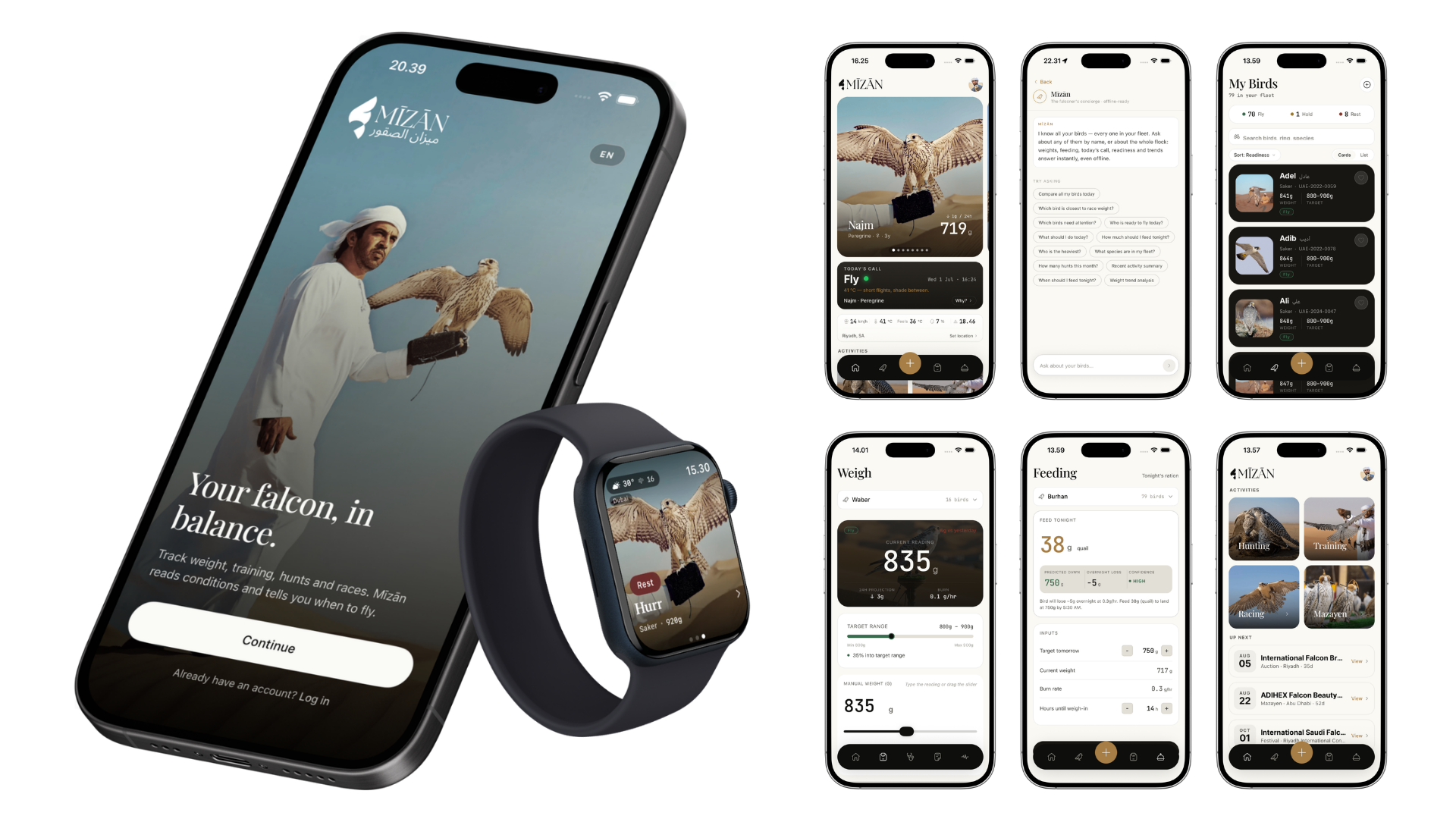 Multiple screens and devices displaying the MIZAN app interface for bird tracking and care, including features for weighing, feeding, and activity tracking, with a main screen showing a falcon and a man in traditional clothing.