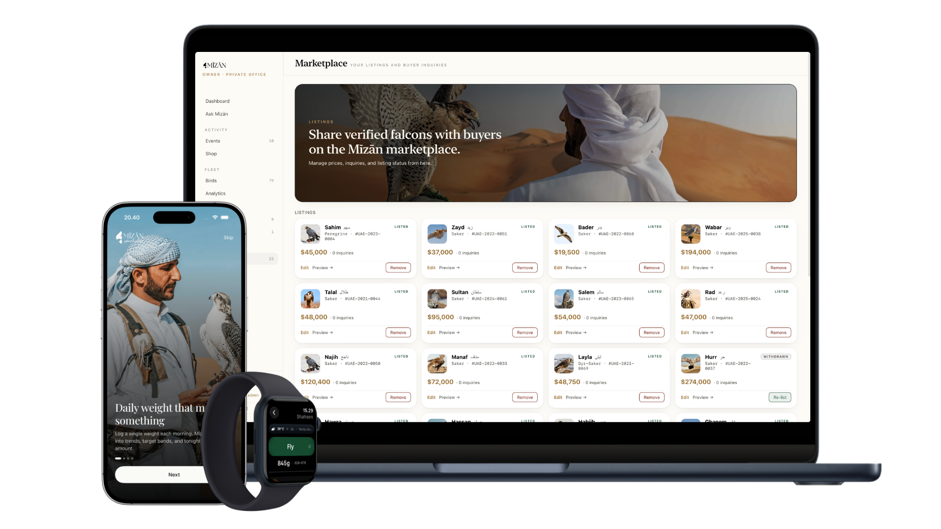 Multiple electronic devices displaying a digital marketplace for falcon listings, including a tablet, smartphone, smartwatch, and fitness tracker.