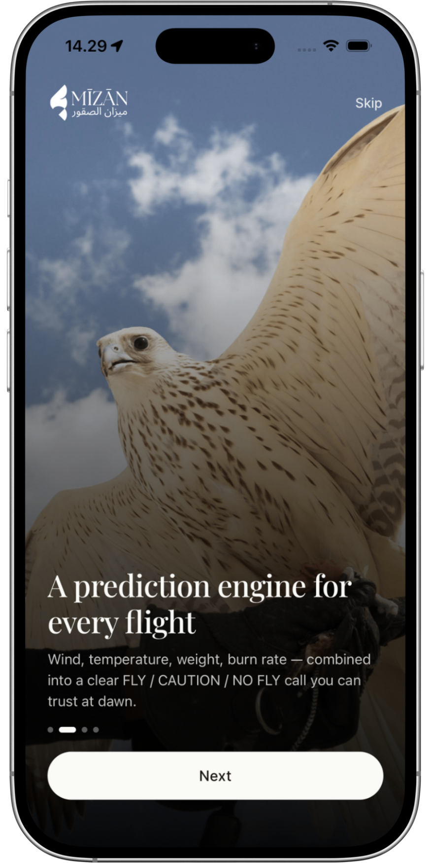A smartphone screen displaying an app interface with a background image of a bird of prey, possibly a hawk, with outstretched wings against a cloudy sky. The app has a logo in the top left corner that reads Mizán, and text that promotes a prediction engine for flights based on weather and other factors. There is a 'Skip' button on the top right and a 'Next' button at the bottom.