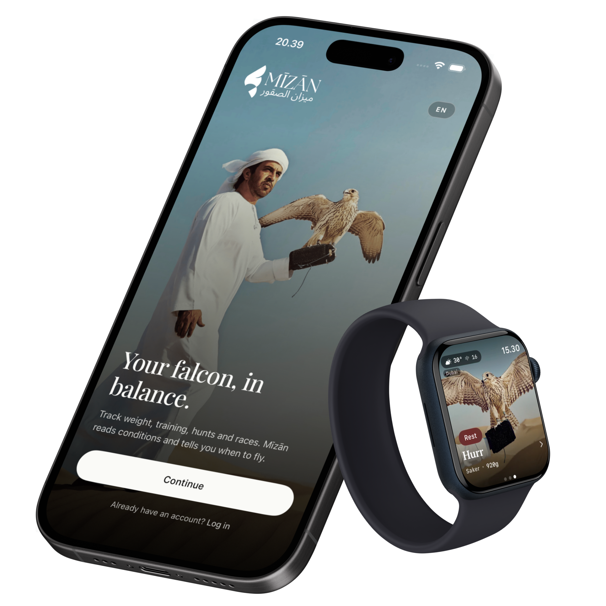 A smartphone displaying an app titled "MīZĀN" with an image of a man in traditional Middle Eastern attire holding a falcon, against a clear sky.