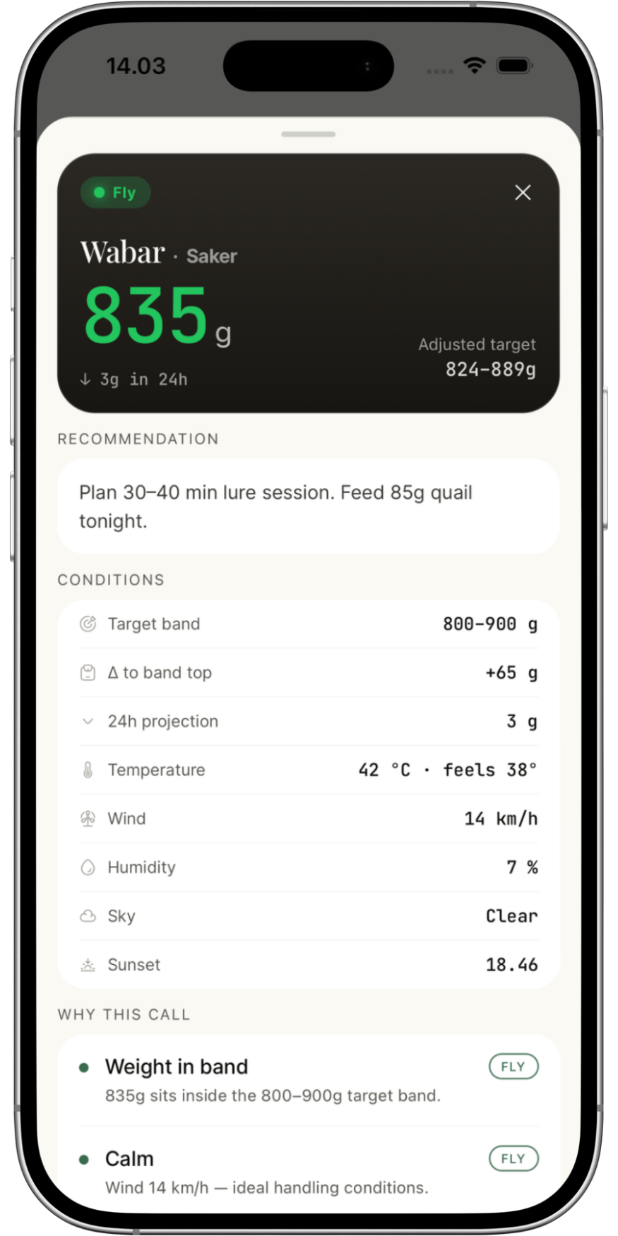 Mobile phone screen displays a fishing app with target weight of 835 grams for Wabar Saker, plus weather and fishing condition details.