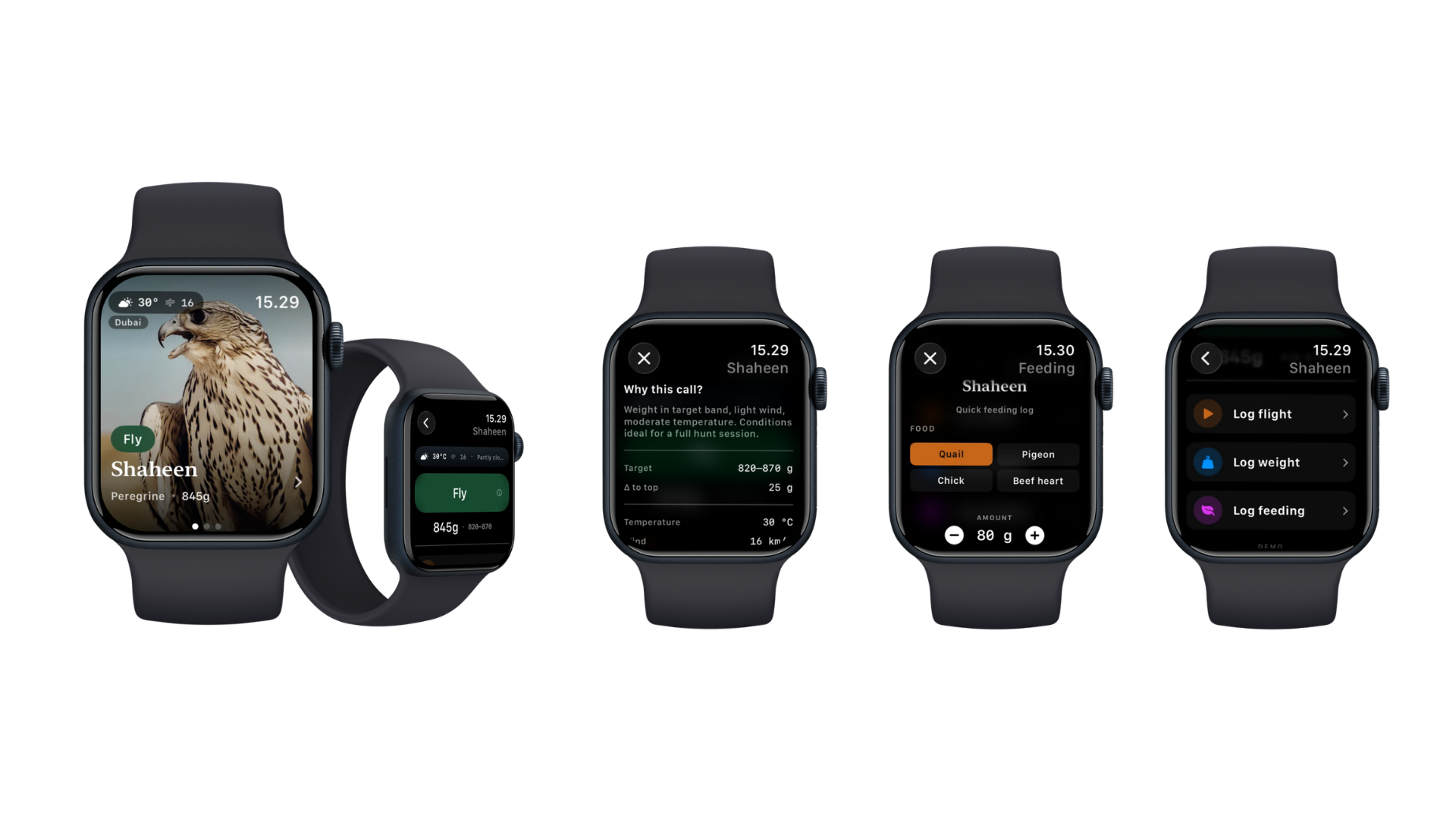 Images of smartwatches displaying various screens related to bird hunting and training, including a hawk, feeding logs, and flight logging, on a black background.
