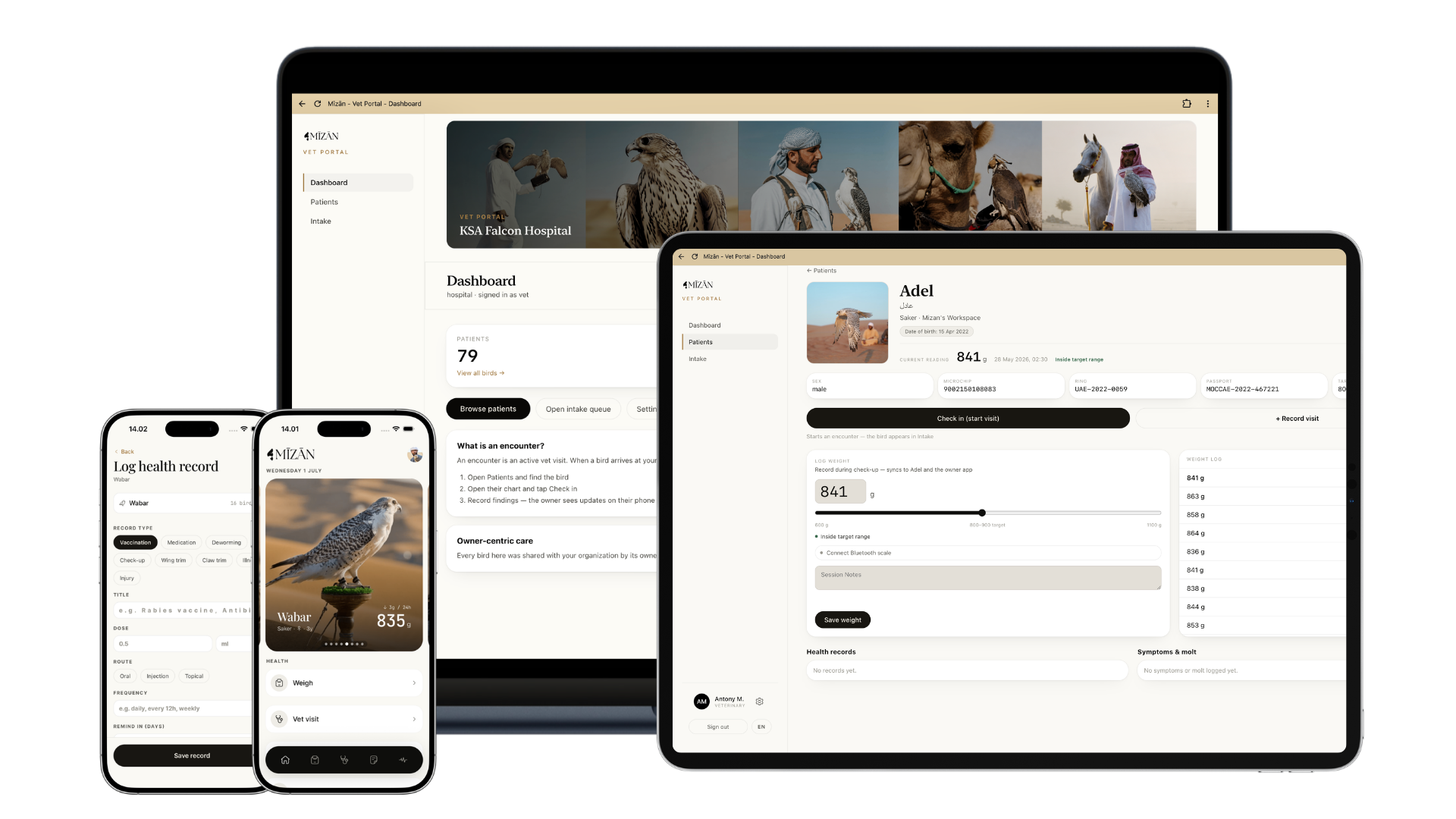 Screenshots of a veterinary and pet management software displayed on mobile devices and tablets, showing features like health records, patient details, weight logging, and bird care.