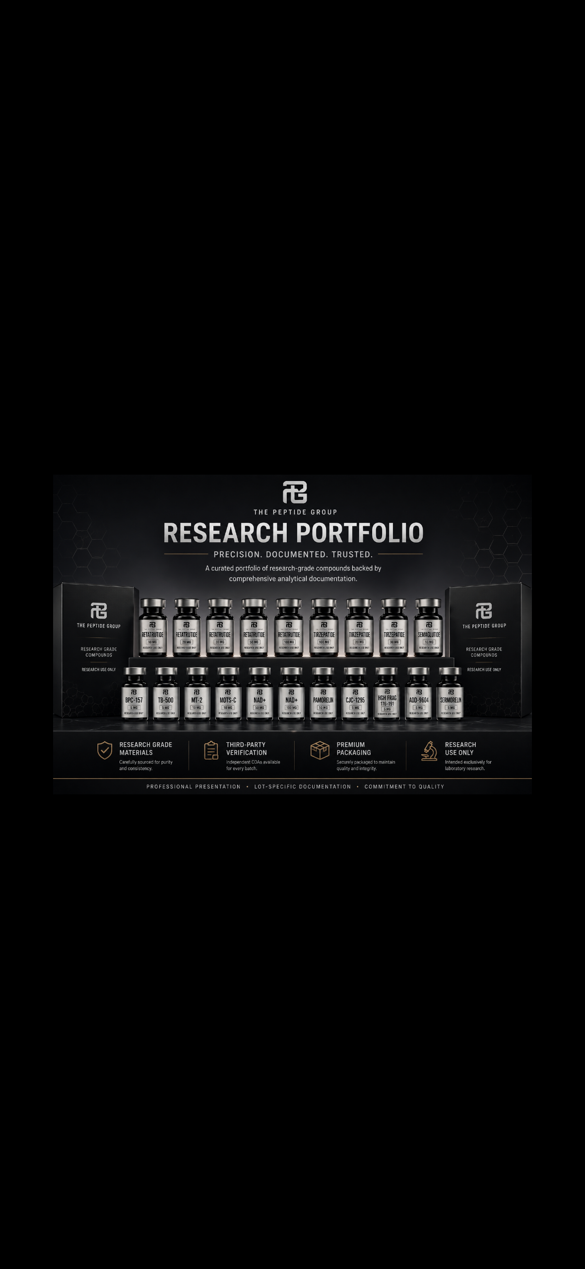 Research portfolio display of research-grade compounds from The Peptide Group, with labeled bottles and packaging highlighting accuracy, verification, premium packaging, and research use.