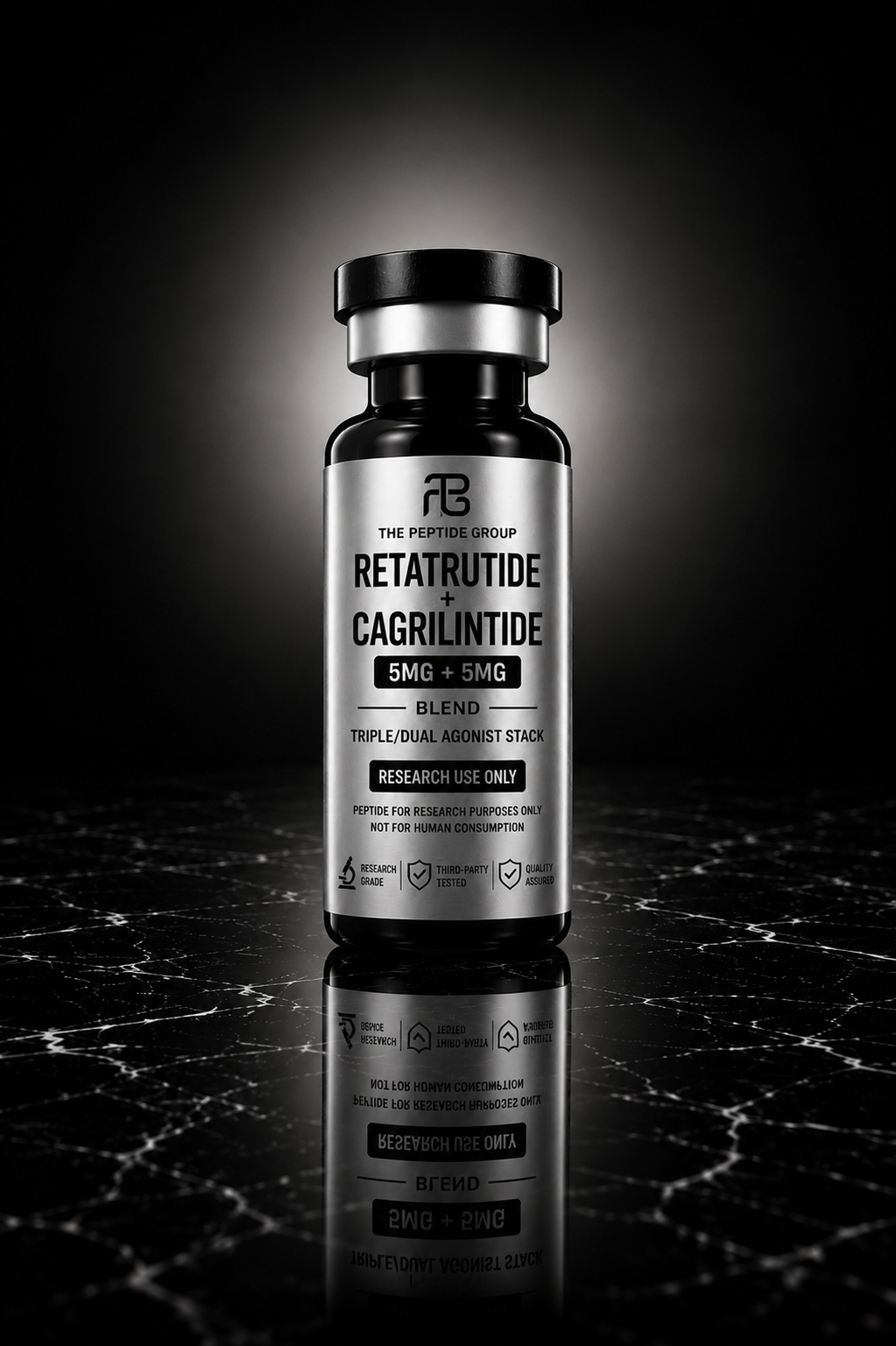 A black bottle labeled "Rettrutide + Cagrlintide" with the dose 5MG + 5MG, on a black reflective marble surface, illuminated by a spotlight, with its reflection visible below.