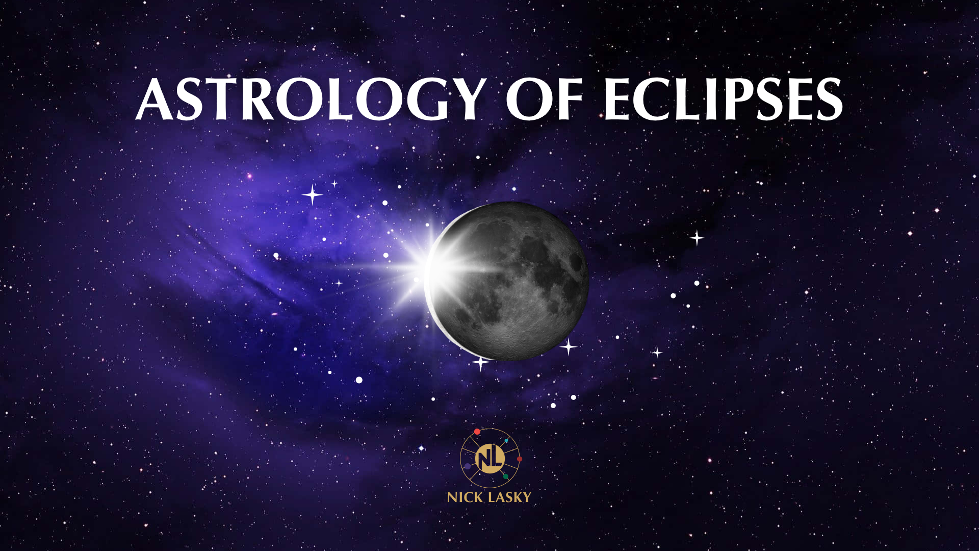 A digital illustration of a lunar eclipse showing the moon partially covered by the Earth's shadow with a purple starry sky background. The text 'Astrology of Eclipses' is displayed at the top, and the name 'Nick Lasky' is at the bottom with a logo.