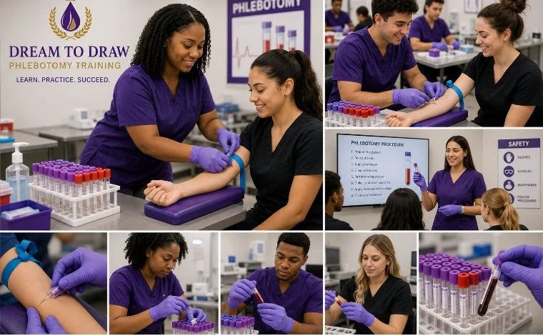 Students in purple scrubs and black uniforms practicing phlebotomy techniques in a classroom. They are drawing blood from volunteers using needles and test tubes, with some students listening to an instructor at a whiteboard labeled 'Phlebotomy Procedure.'