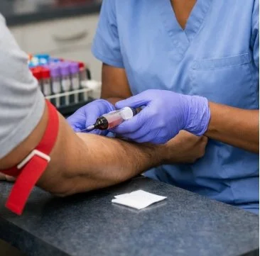 Nurse drawing blood from a patient's arm with test tubes in the background.