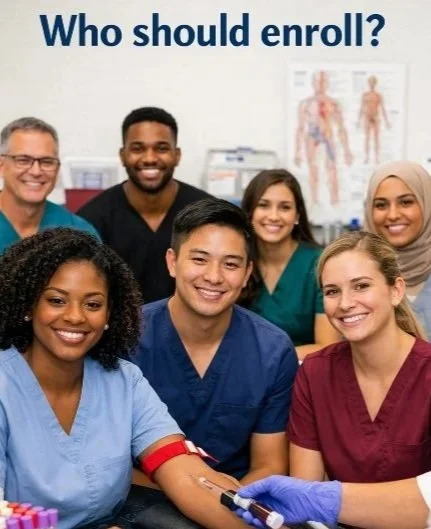 Group of diverse healthcare students or professionals in scrubs, smiling in medical training setting with anatomical charts in the background, indicating enrollment in healthcare or medical program.