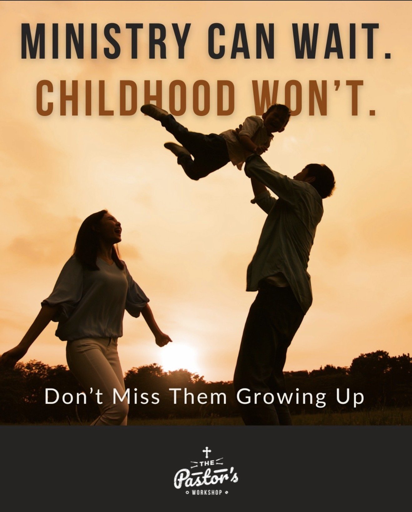 Family of three playing outdoors during sunset, with the father lifting the young son in the air, and the mother smiling nearby. The image includes inspirational text about maturity and growing up.