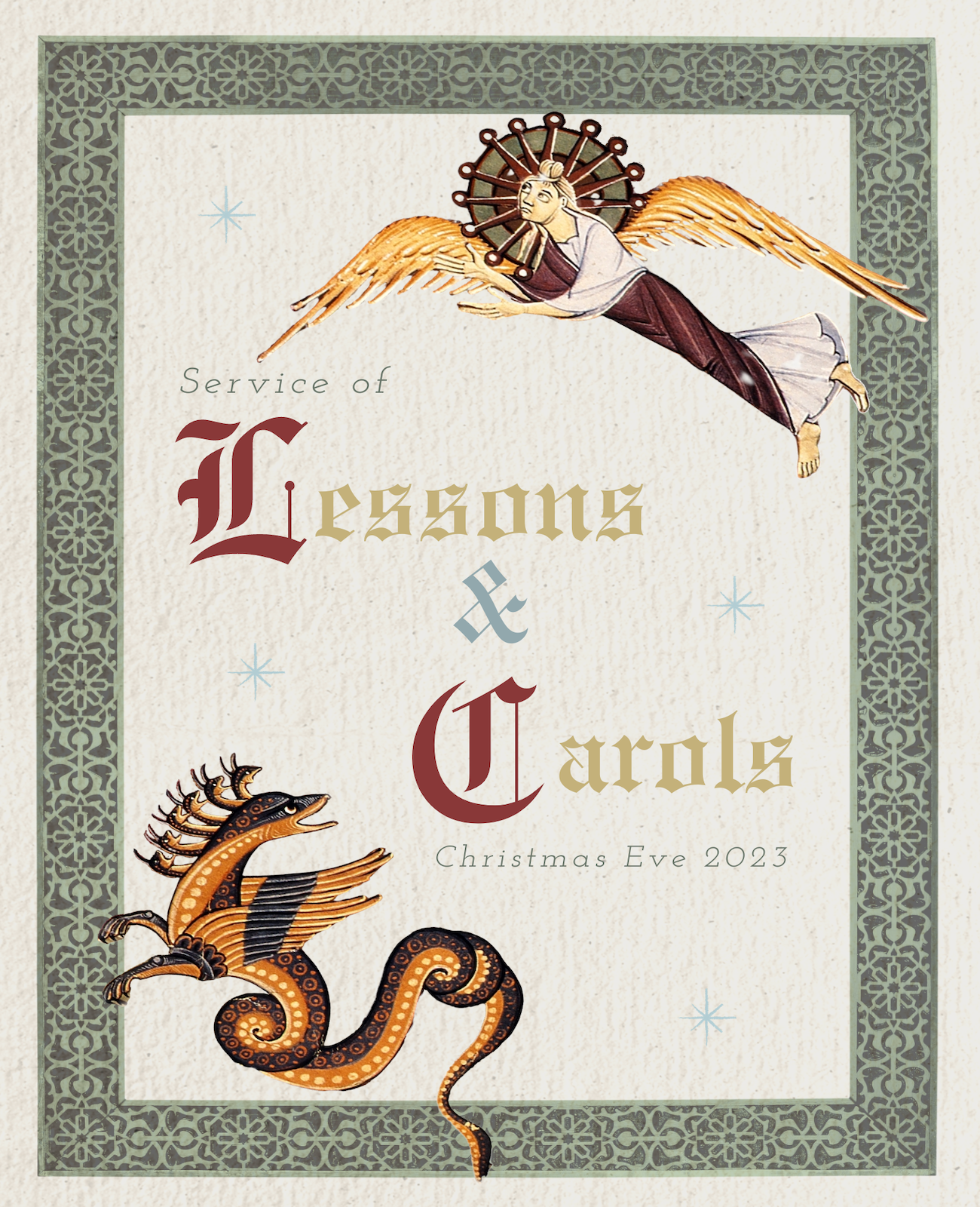 A holiday card featuring medieval-style illustrations of a winged angel with a halo and a mythical dragon, with decorative borders and festive text that reads "Service of Lessons & Carols, Christmas Eve 2023."