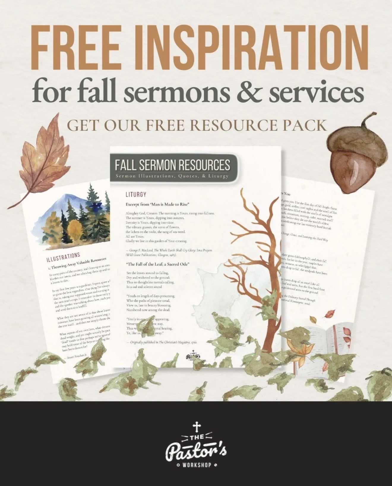 Advertisement for free fall sermon resources offered by The Pastor's Workshop, featuring illustrated autumn leaves, trees, and scripture excerpts.