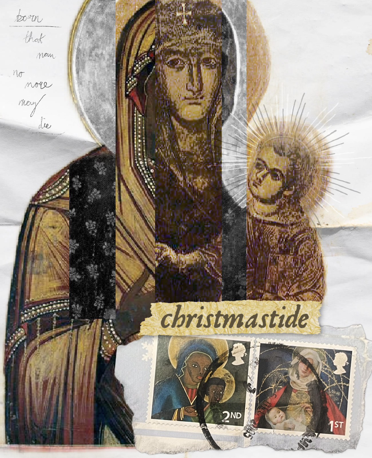 A collage of religious imagery featuring a central depiction of Jesus Christ with a crown of thorns, a halo, and a sorrowful expression. To the right is a smaller image of a saint or angel with a halo, holding a child. To the bottom are three postage stamps with religious artwork, with one marked '1ST' and another '2ND'. Handwritten notes are visible on the left side.