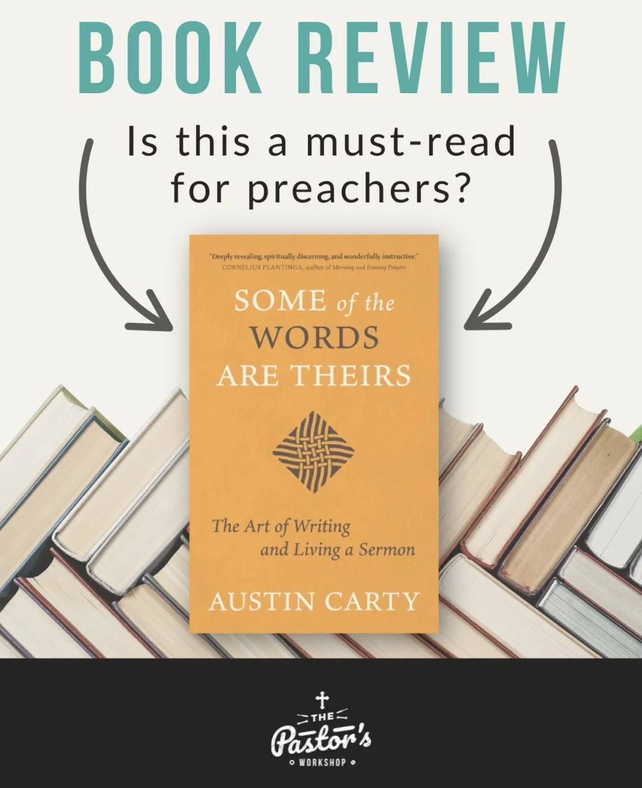 Book cover titled 'Some of the Words are Theirs' by Austin Carty, with a background of stacked books and a quote about the book.