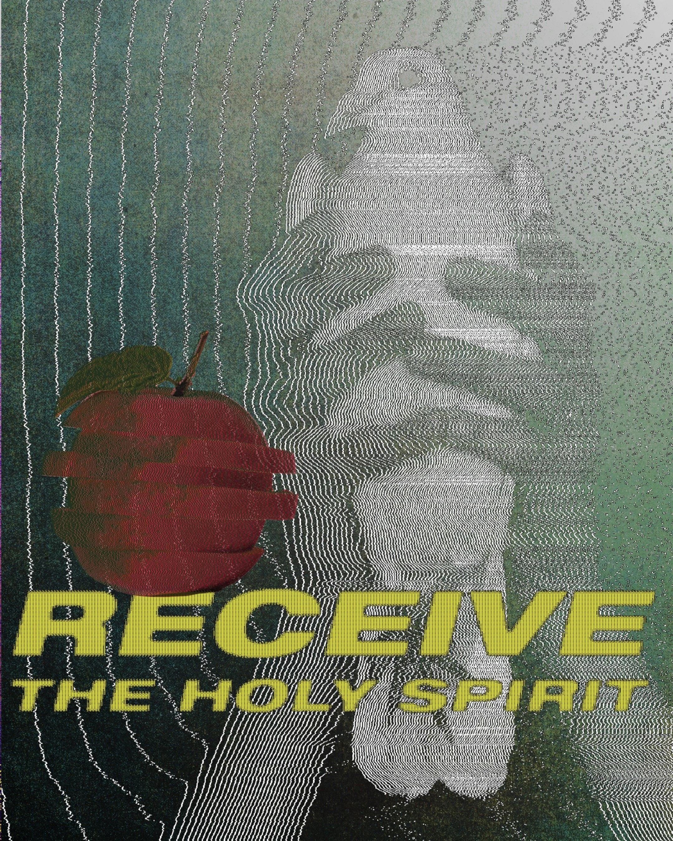 A poster for the documentary film 'The Holy Space,' featuring a stylized art piece with a cherry in the lower left corner, and large yellow text reading 'PESCA THE HOLY SPACE' against a background of white and greenish-black lines.