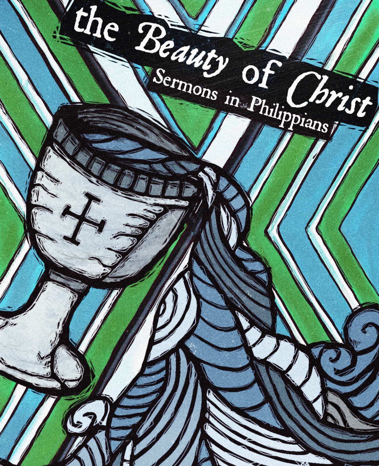 A colorful, stylized illustration of a Bible verse from Philippians, with a depiction of a well-worn Christian Bible and a crown of thorns, set against a background of green, blue, and white geometric patterns.