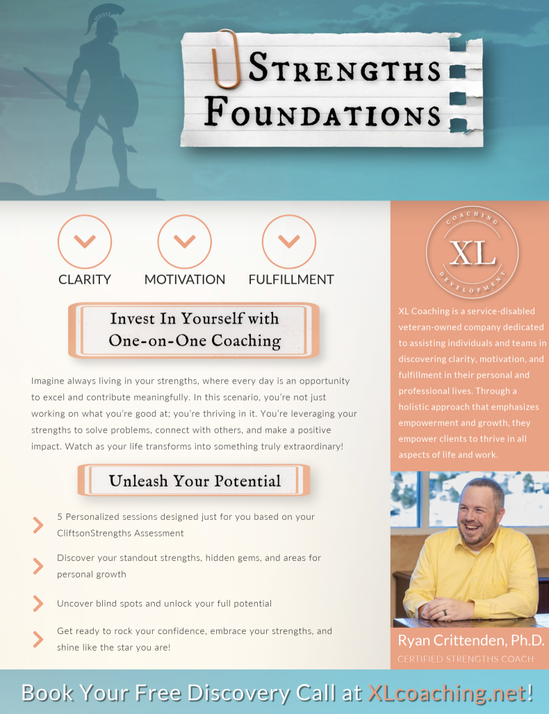 Flyer for XL Coaching promoting one-on-one coaching to invest in oneself, emphasizing strengths, motivation, and fulfillment. Features a silhouette of a warrior with a spear and shield, a photograph of a smiling man in a yellow shirt, and contact information at the bottom.
