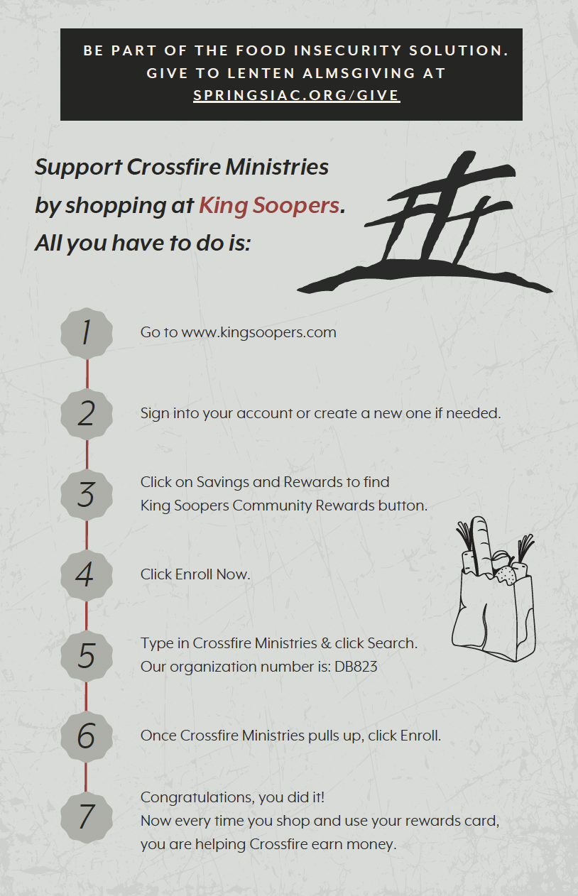 Instructions for supporting Crossfire Ministries through shopping at King Soopers, including steps to sign up for a rewards program and earn money for the organization.