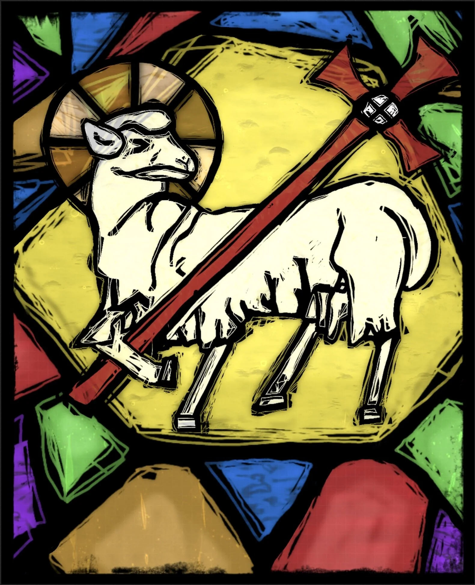 An artistic, stylized depiction of a white horse's skeleton inside a yellow shield, with a red and black sword crossing over it, surrounded by colorful geometric shapes in green, purple, red, blue, and yellow.