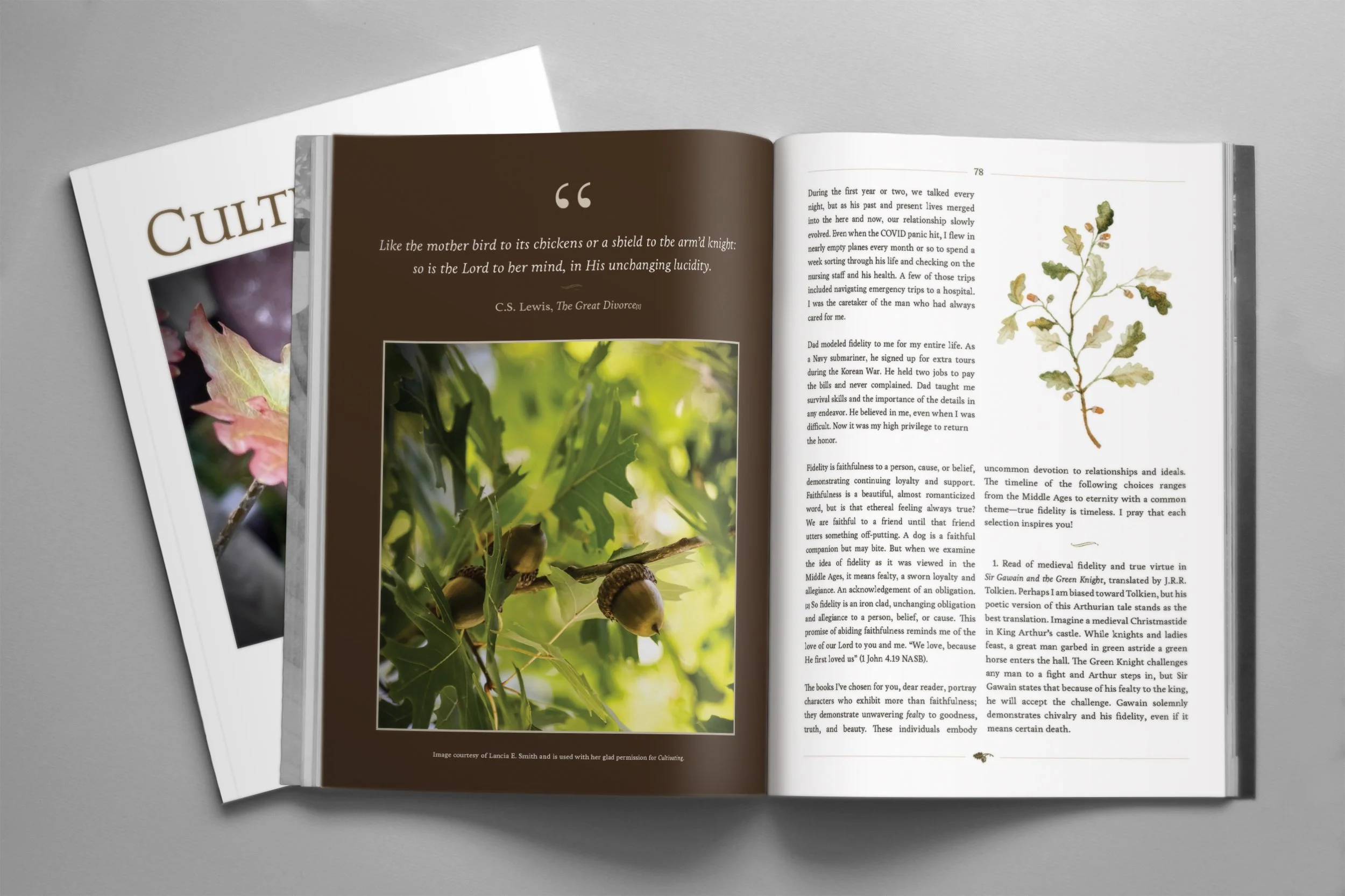 Open issue of Cultivating Magazine with text and plant illustration on the right page, and partial view of the cover on the left, placed on a light gray surface.