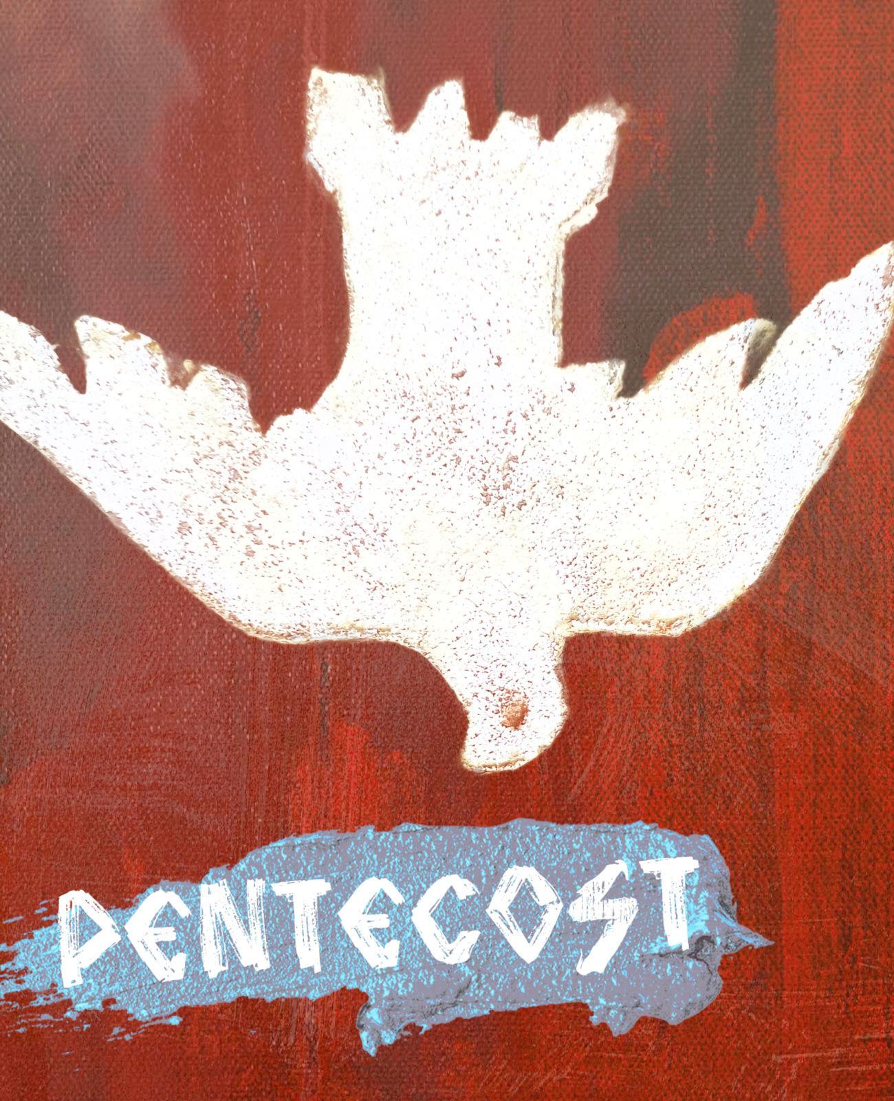 A white bird graphic with outstretched wings on a red background, with partially visible blue and white text reading 'PENTECOST' underneath.