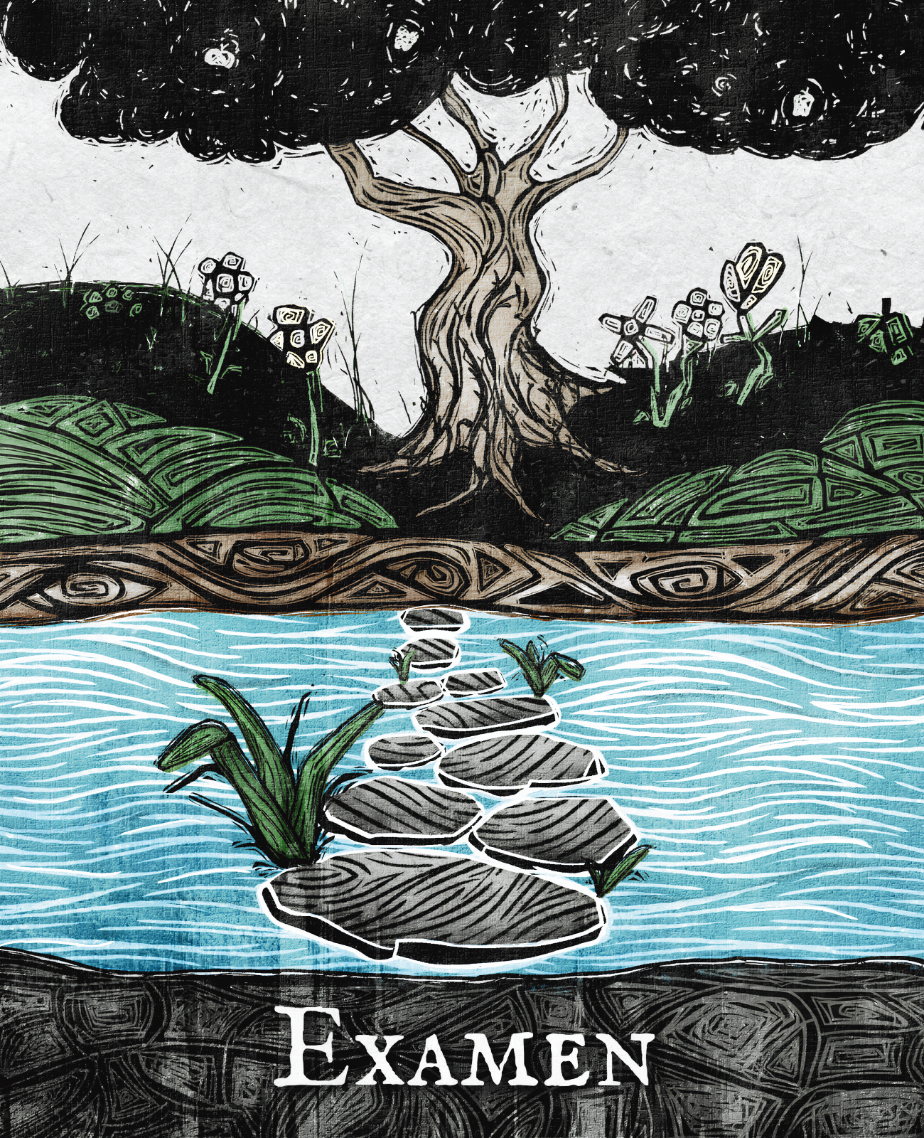 A stylized drawing of a tree over a hill with plants and a river in front. The word "Examen" is written at the bottom.