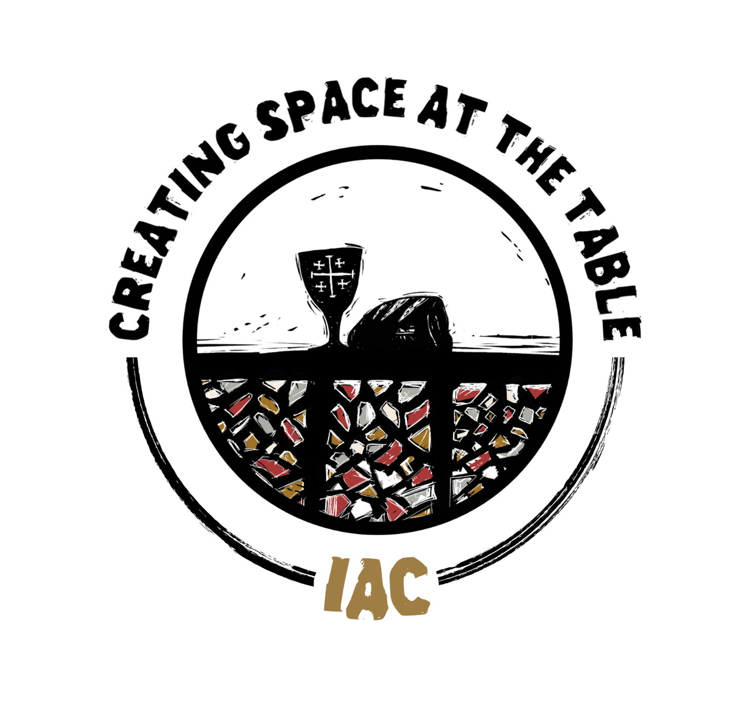 A woodcut-style logo depicting a communion chalice and loaf of bread, all placed on a colorful mosaic table with trapezoid and square shapes in red, yellow, and white. The words 'Creating Space at the Table - IAC' are written in gold.
