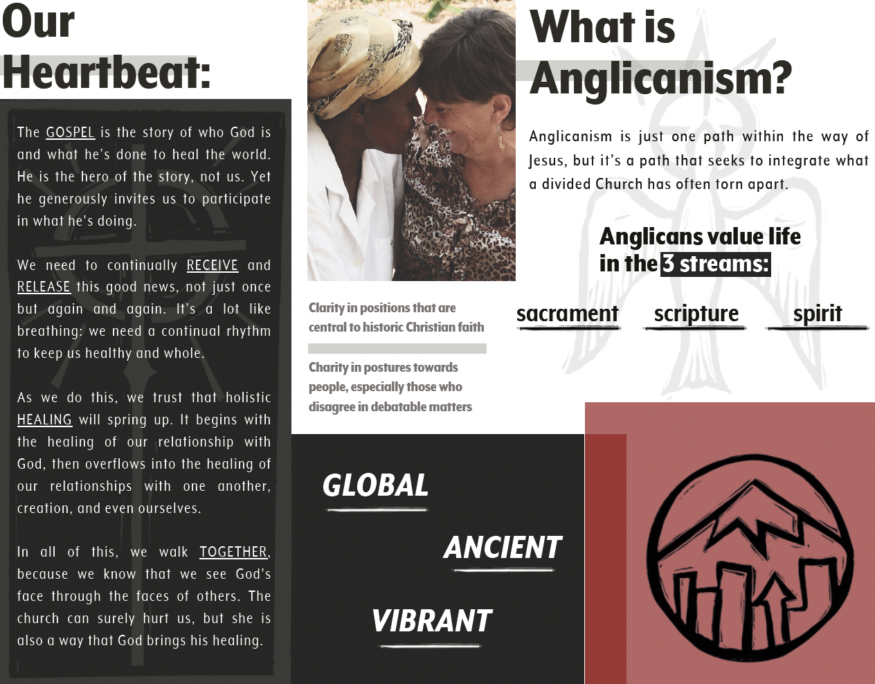 A split-page design with a photo of two women touching foreheads on the top right, surrounded by text about Christian faith and Anglicanism, including bold headers and a black and red logo at the bottom right.