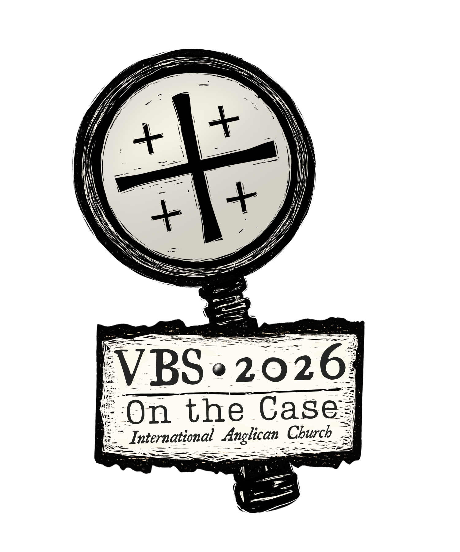A vintage-style logo for International Anglican Church with a magnifying glass design featuring the Jerusalem Cross, and text indicating 'VBS 2026 On the Case'.