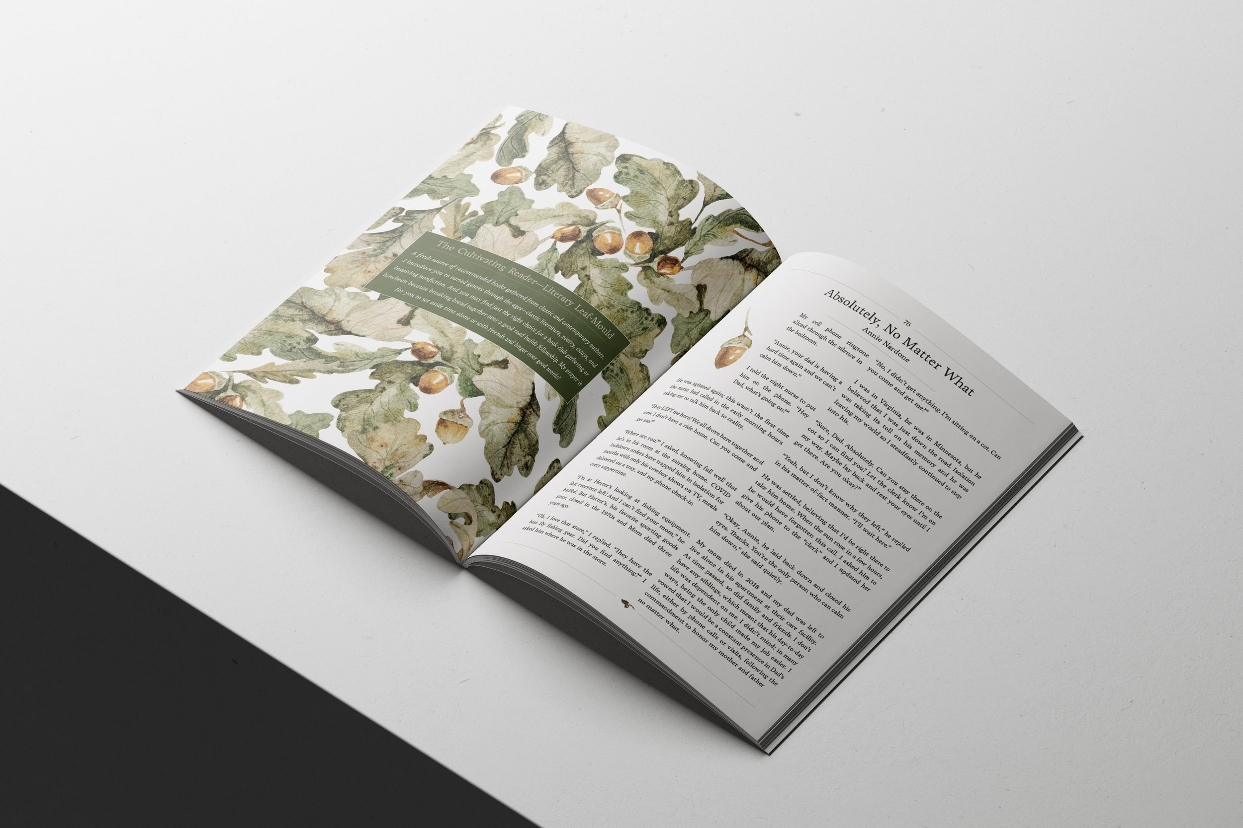 Open issue of Cultivating Magazine on white surface, featuring botanical-themed illustrations on the pages and text.