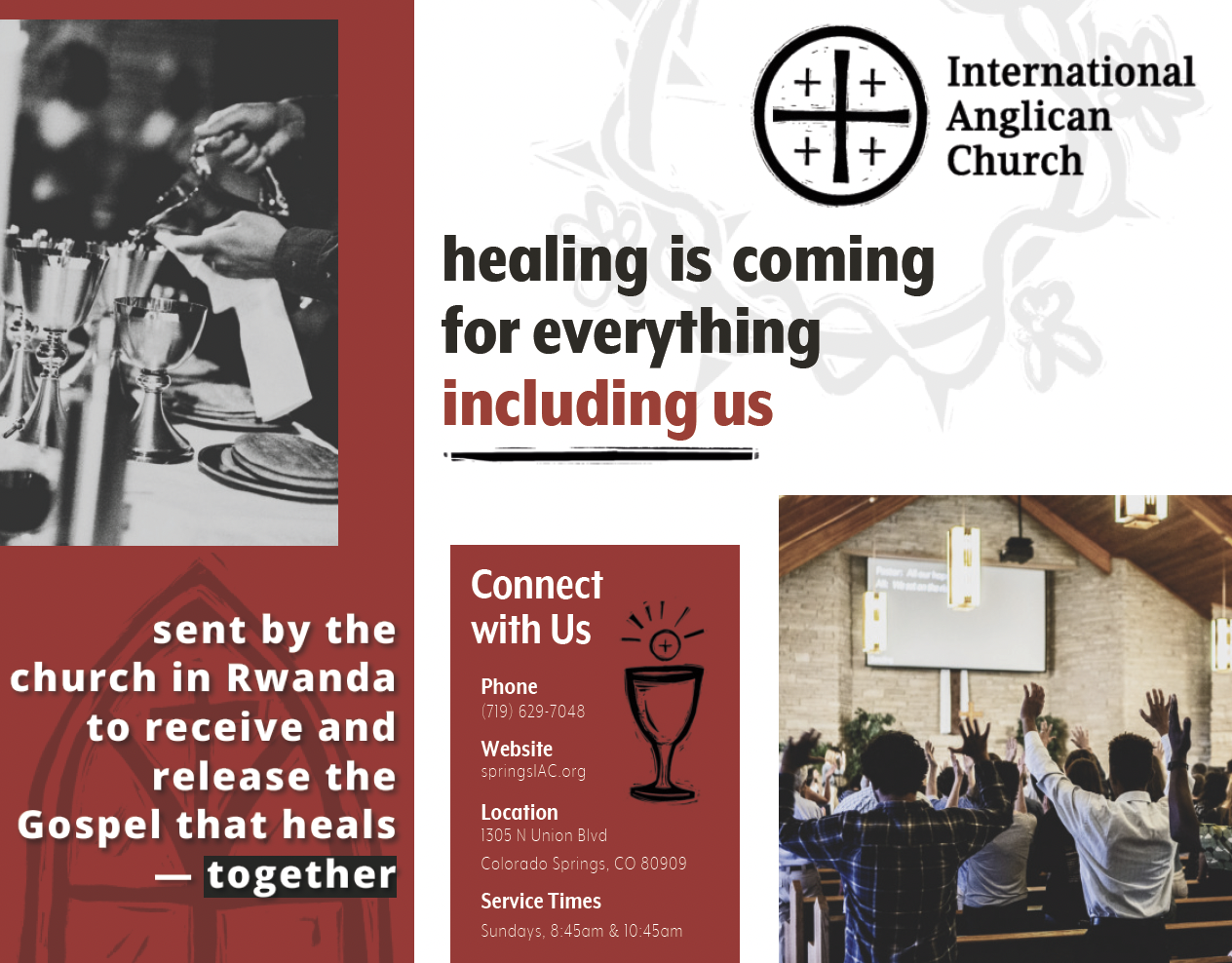 A church flyer promoting healing and community, featuring an image of people raising their hands in worship, a Bible-themed logo, and printed information about the church's mission, contact details, and service times.