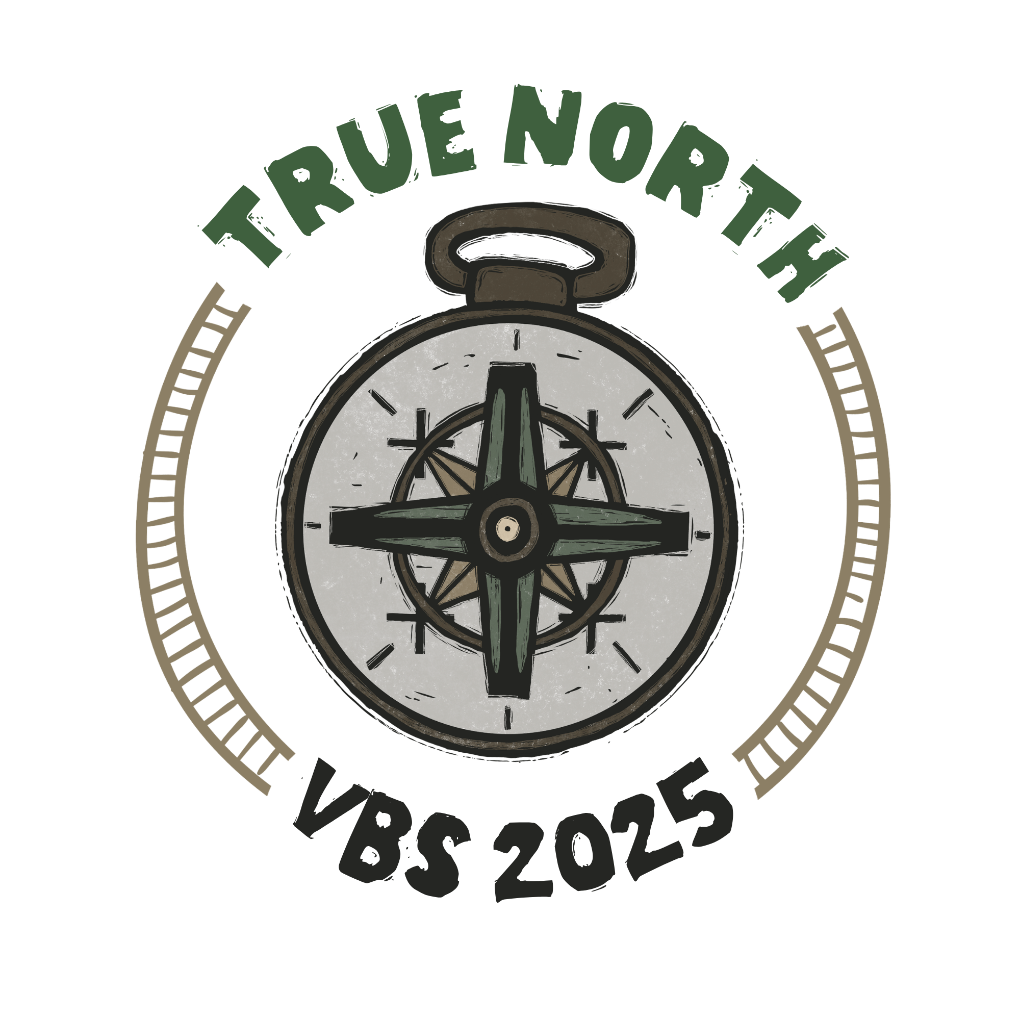VBS logo with vintage compass incorporating International Anglican Church logo of Jerusalem Cross, surrounded by a decorative circular border.