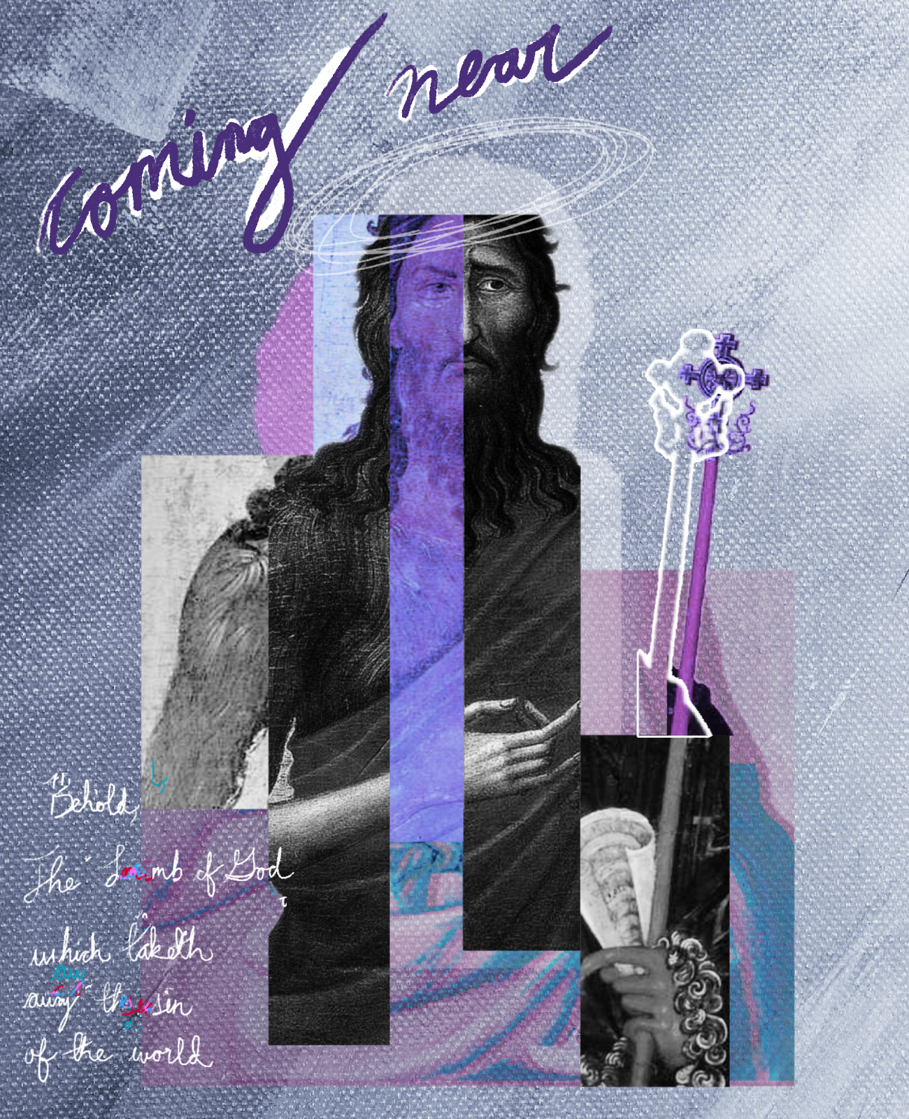 A digital collage featuring a black and white image of Jesus Christ with the phrase "coming near" written in purple cursive at the top. The collage includes colorful geometric shapes, patterns, and handwritten text in white, red, and blue, blending various textures and visual elements.